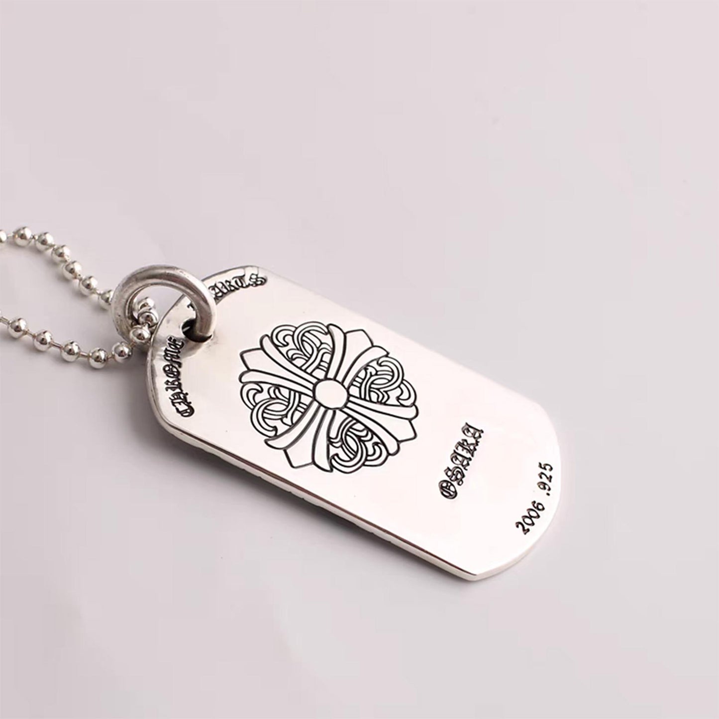 Chrome Hearts Gothic Cross Scroll Dog Tag Necklace Pendant, Sterling Silver Charm Ball Chain Necklace