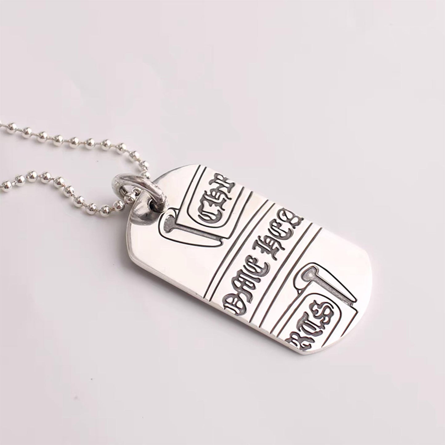 Chrome Hearts Gothic Cross Scroll Dog Tag Necklace Pendant, Sterling Silver Charm Ball Chain Necklace