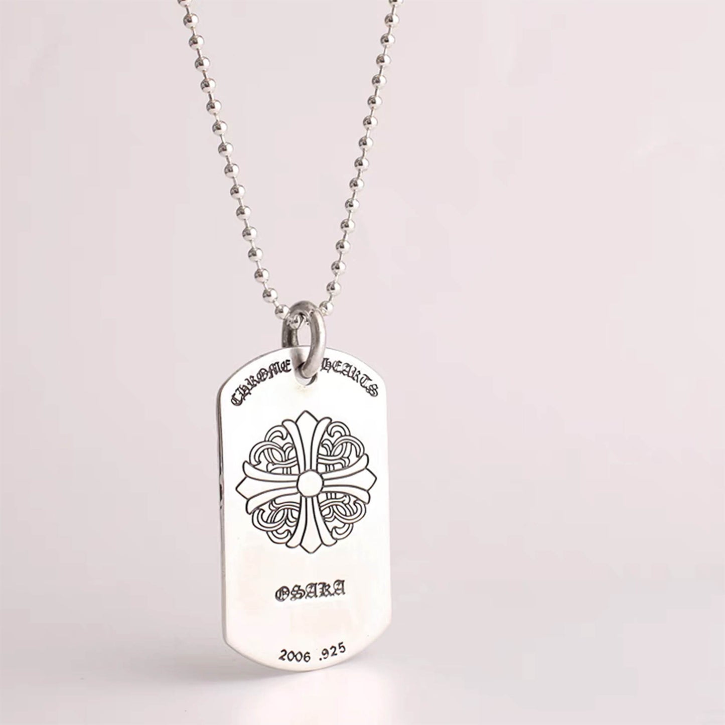 Chrome Hearts Gothic Cross Scroll Dog Tag Necklace Pendant, Sterling Silver Charm Ball Chain Necklace