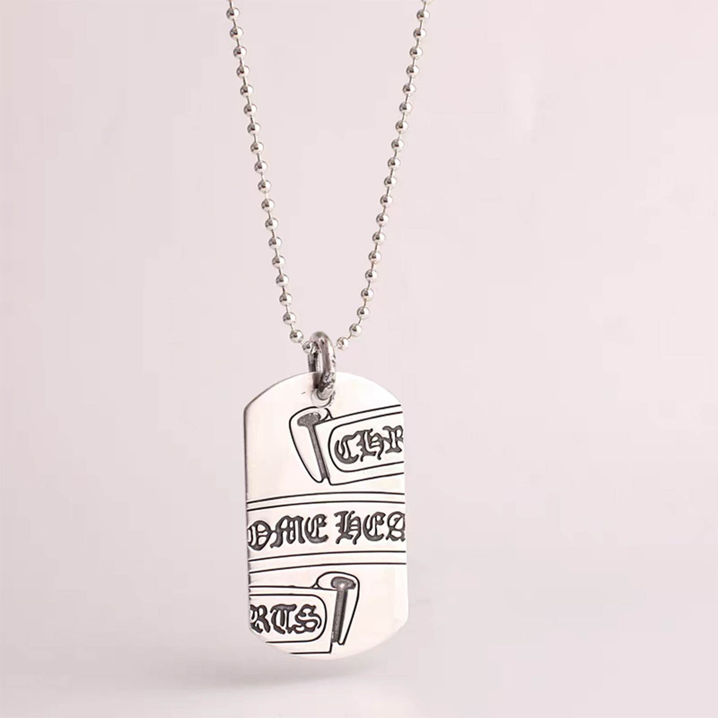 Chrome Hearts Gothic Cross Scroll Dog Tag Necklace Pendant, Sterling Silver Charm Ball Chain Necklace