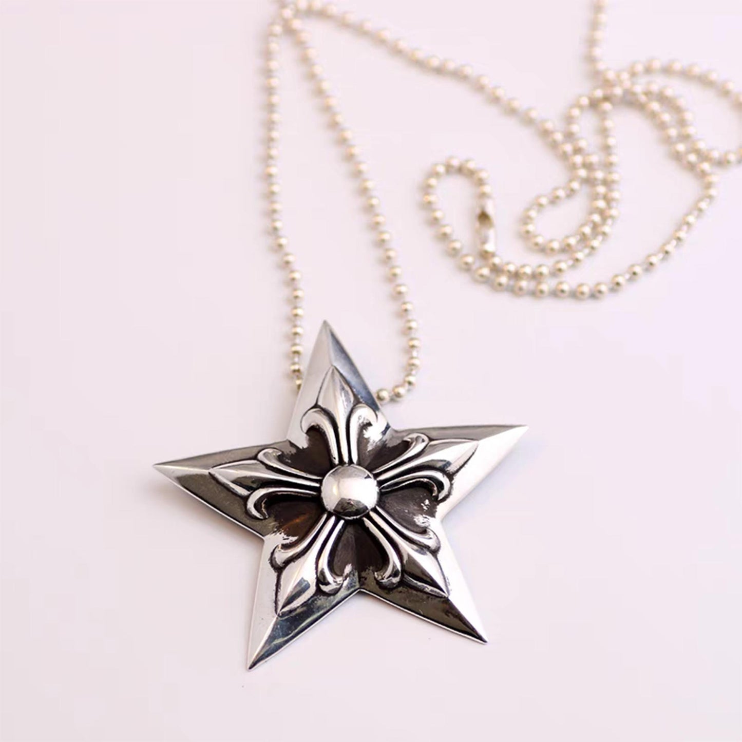 Chrome Hearts Five-pointed Star Pendant Necklace, Sterling Silver Big Gothic Charm Ball Chain Necklace