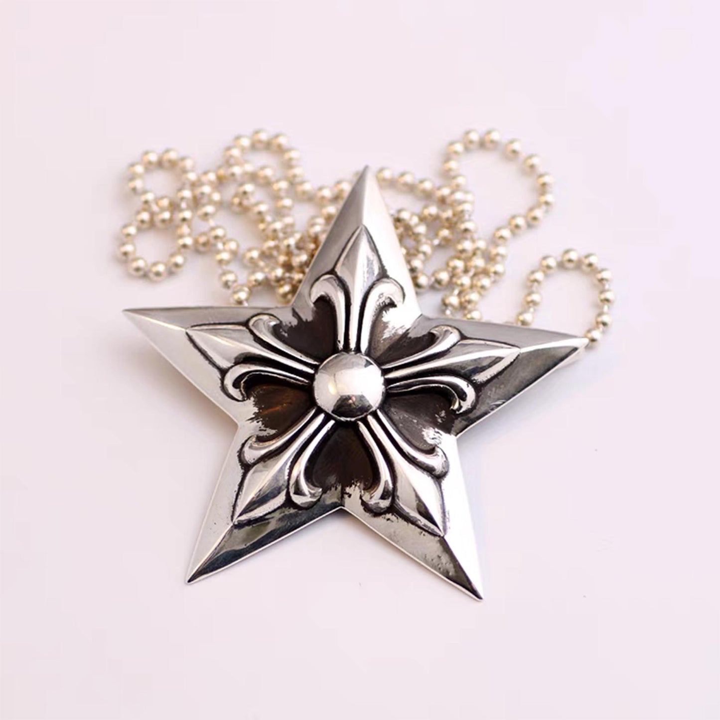 Chrome Hearts Five-pointed Star Pendant Necklace, Sterling Silver Big Gothic Charm Ball Chain Necklace
