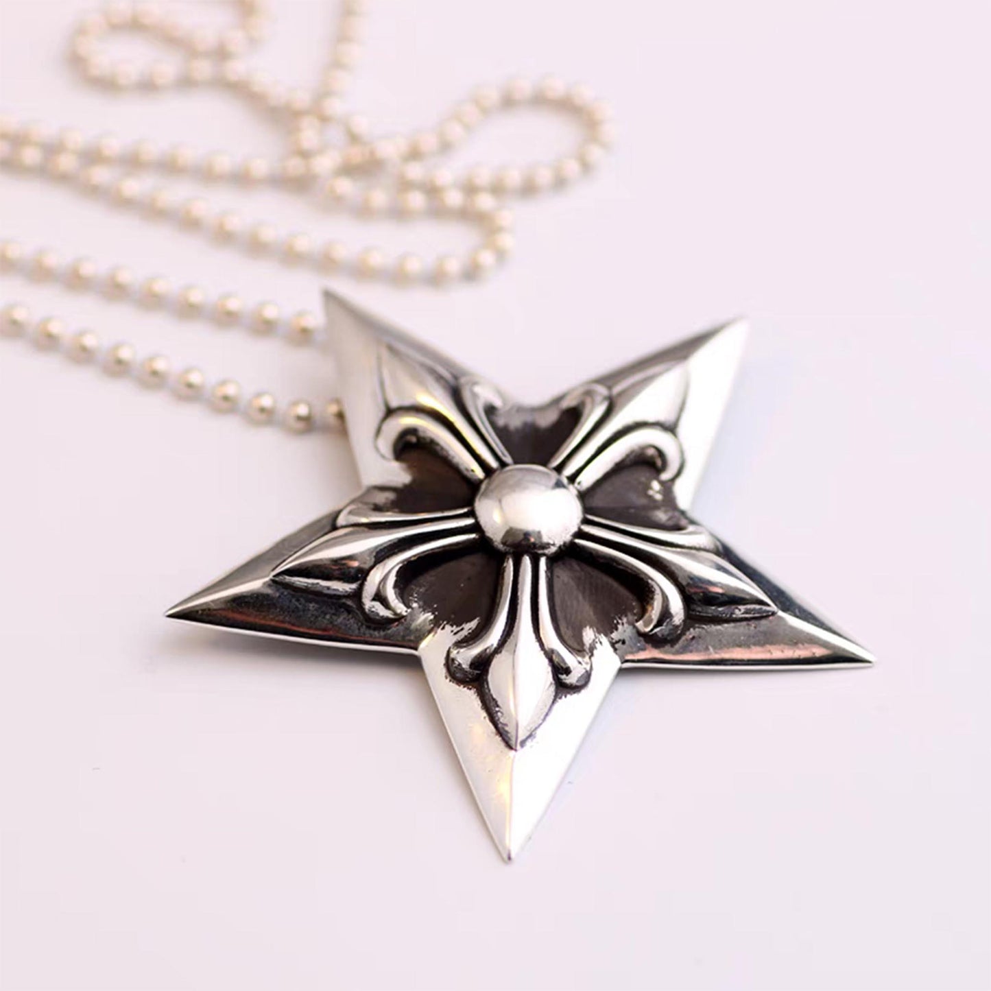 Chrome Hearts Five-pointed Star Pendant Necklace, Sterling Silver Big Gothic Charm Ball Chain Necklace