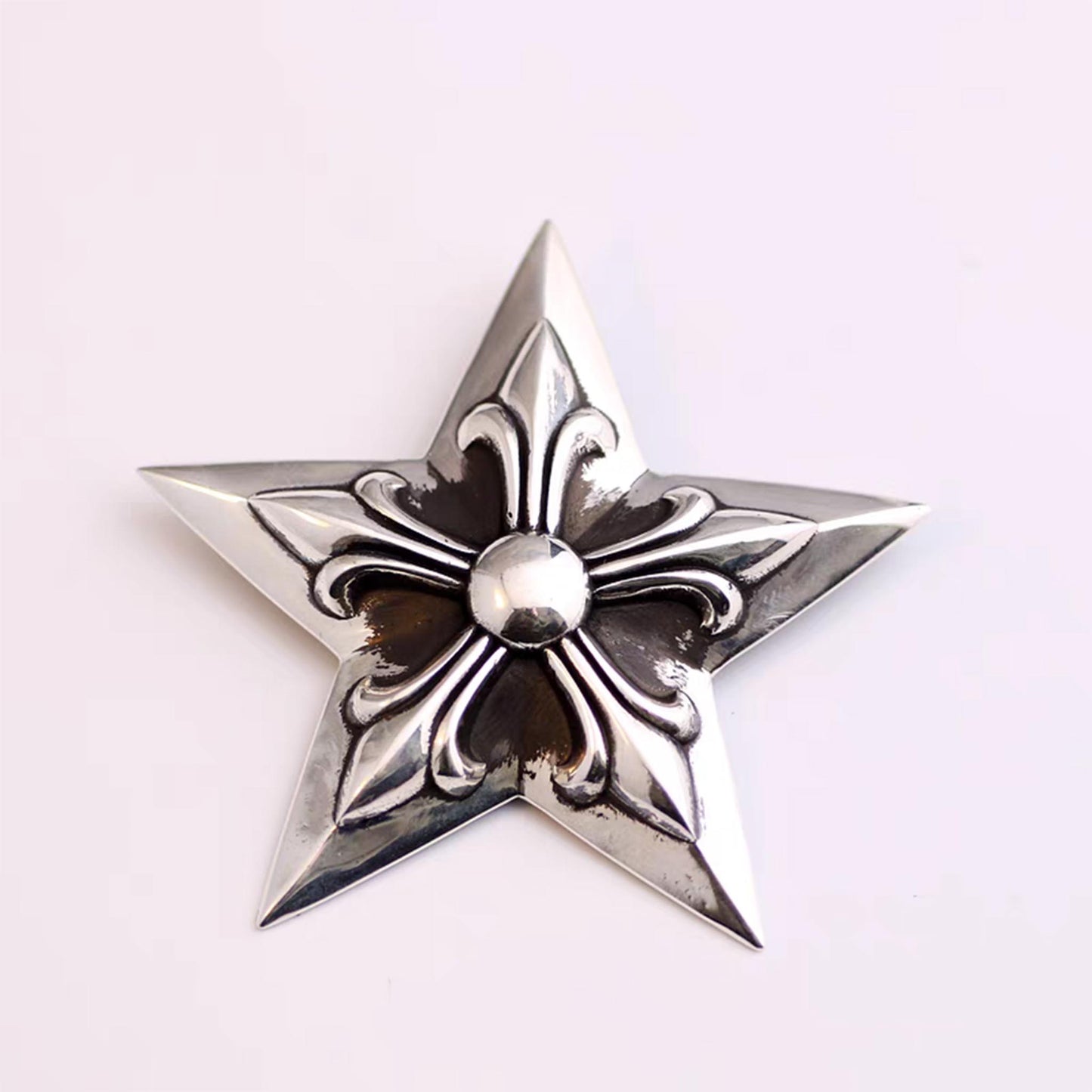 Chrome Hearts Five-pointed Star Pendant Necklace, Sterling Silver Big Gothic Charm Ball Chain Necklace