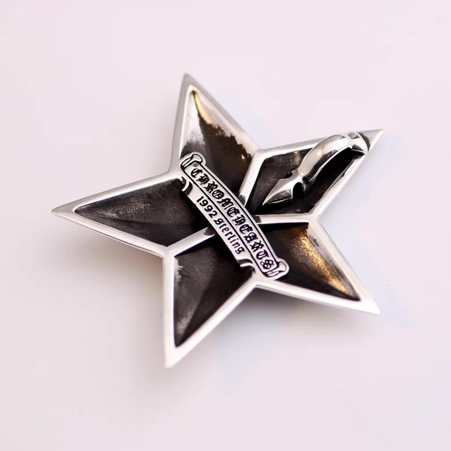Chrome Hearts Five-pointed Star Pendant Necklace, Sterling Silver Big Gothic Charm Ball Chain Necklace