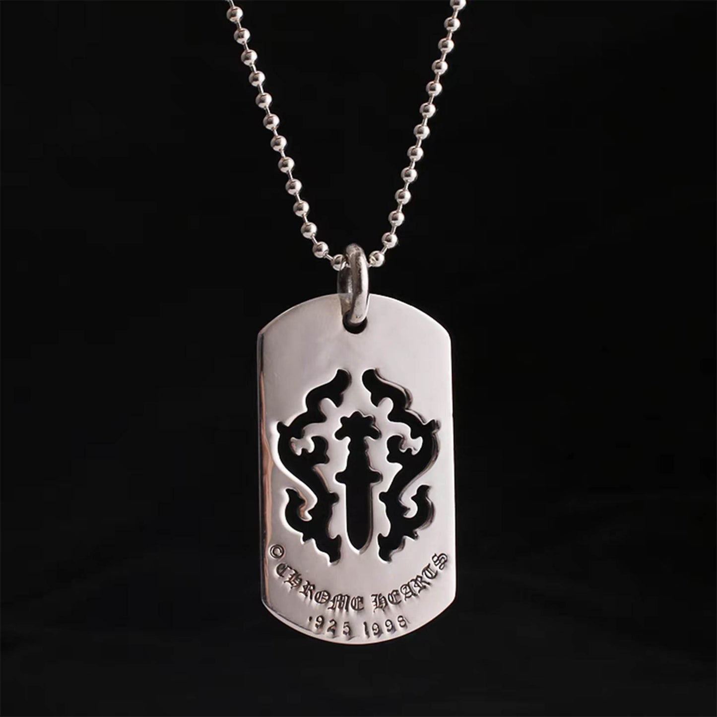 Chrome Hearts Hollow Dagger Dog Tag Necklace Pendant, Sterling Silver Charm Ball Chain Necklace