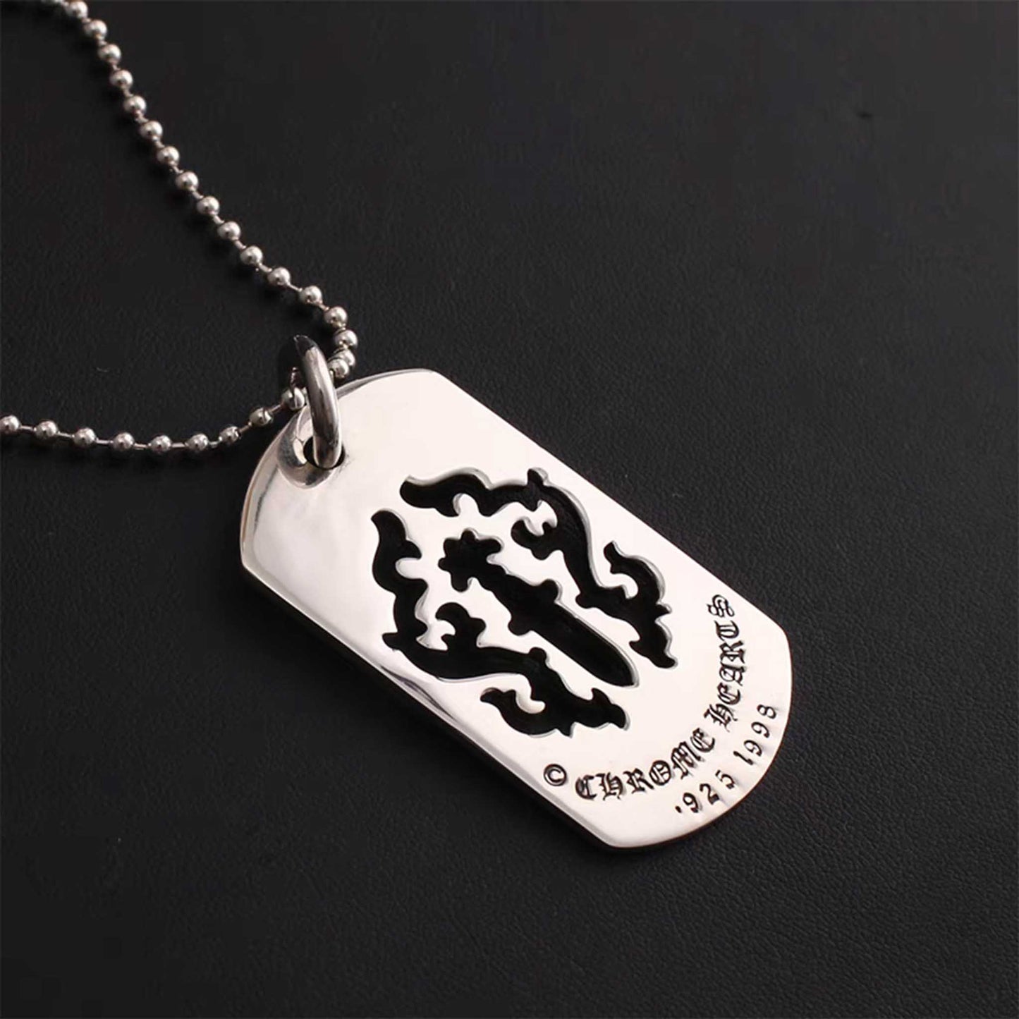 Chrome Hearts Hollow Dagger Dog Tag Necklace Pendant, Sterling Silver Charm Ball Chain Necklace