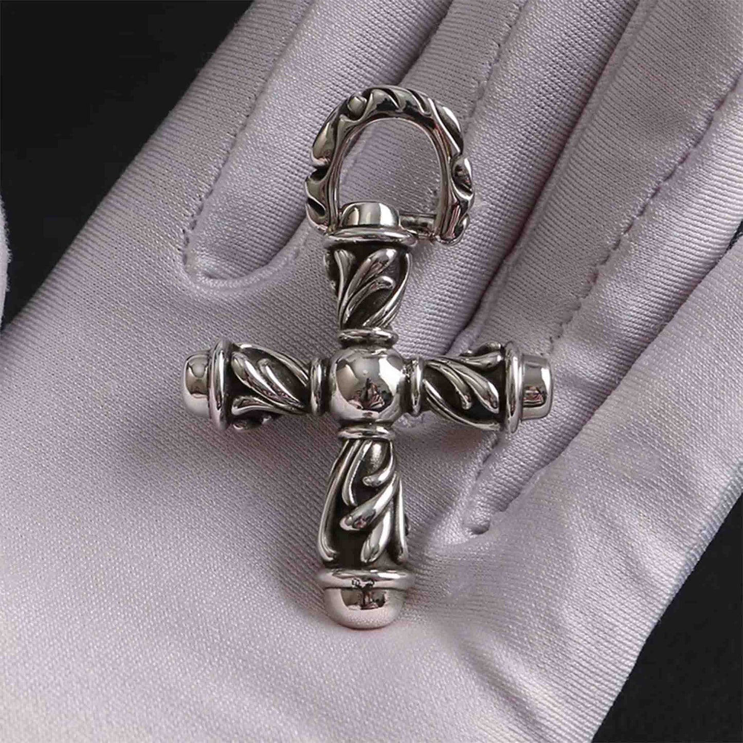 Chrome Hearts Vine & Cross Pendant Necklace, Sterling Silver Statement Gothic Cross Charm