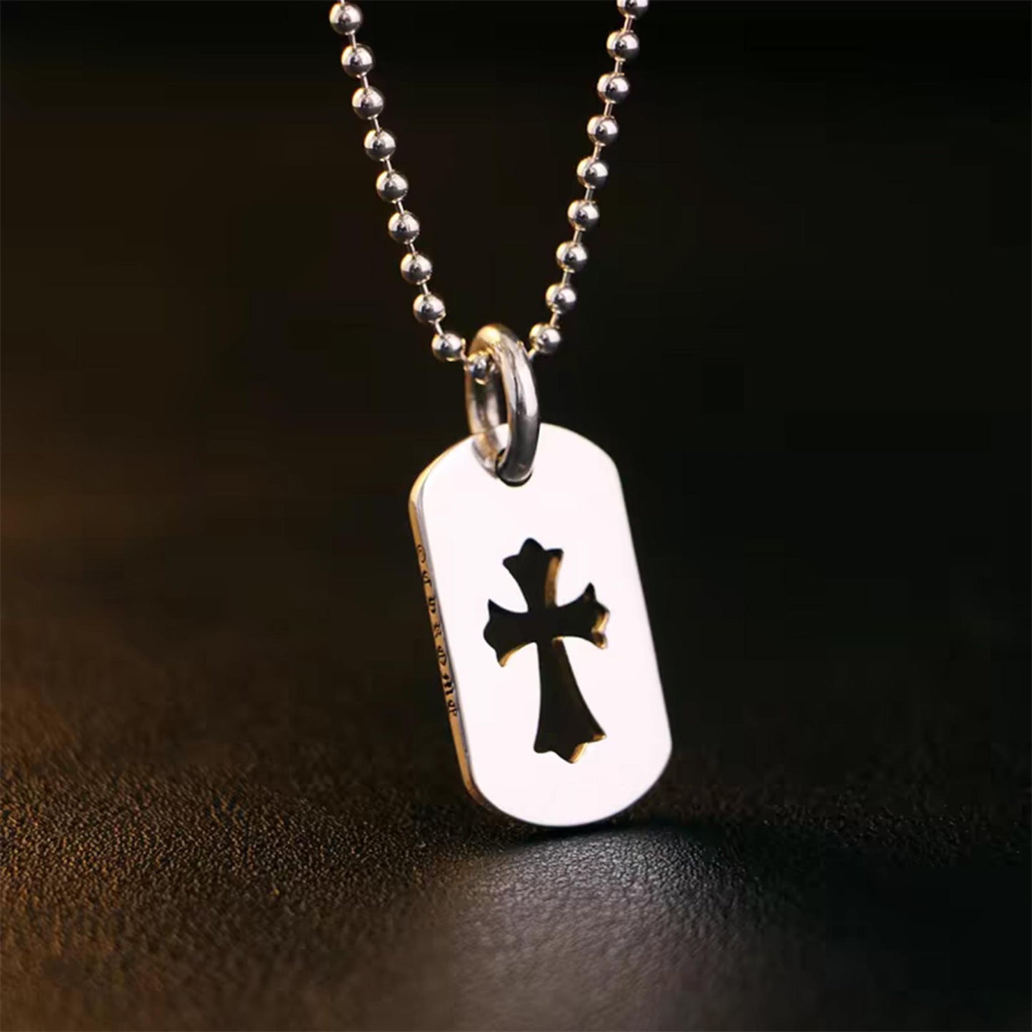 Chrome Hearts Hollow Cross Dog Tag Necklace Pendant, Sterling Silver Charm Ball Chain Necklace