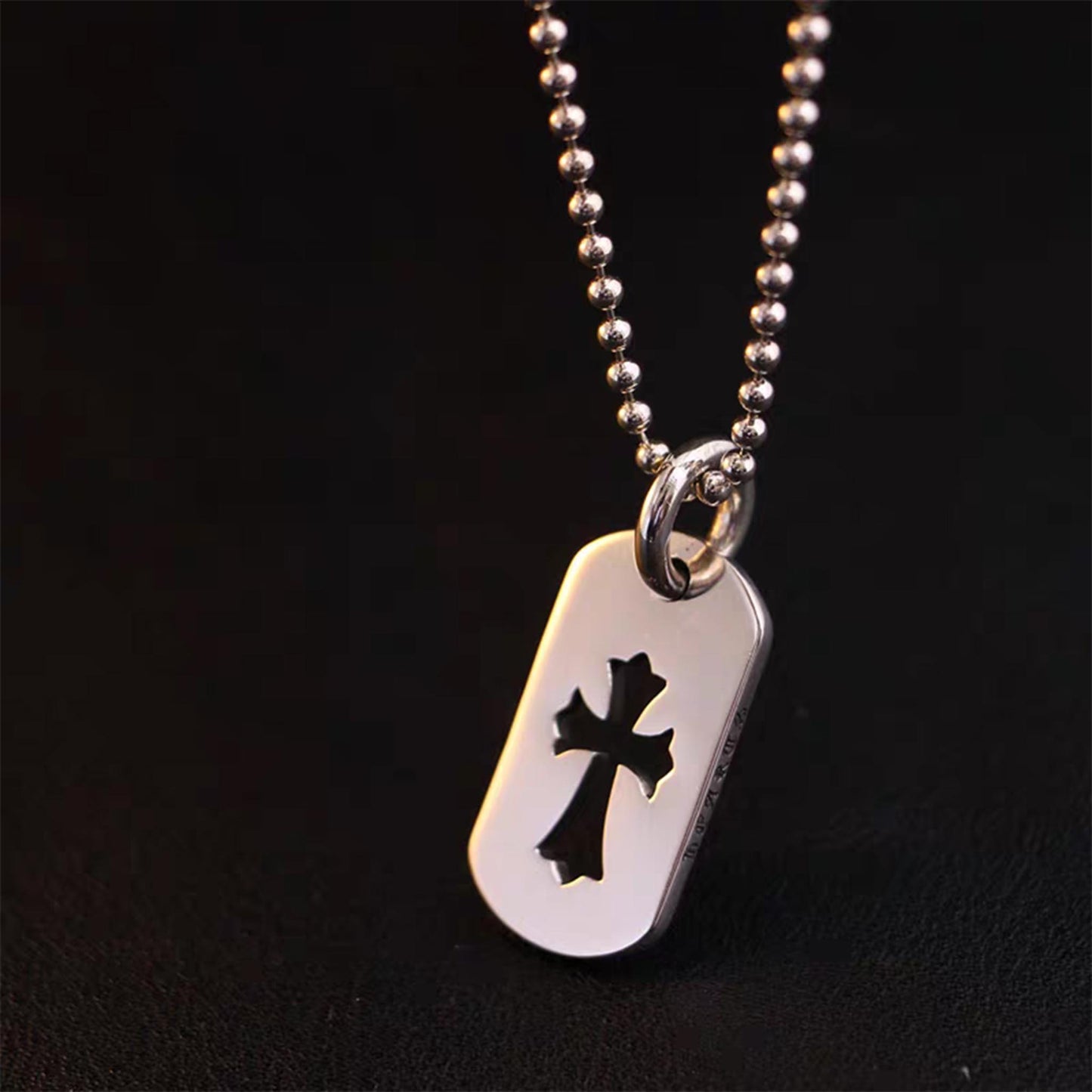 Chrome Hearts Hollow Cross Dog Tag Necklace Pendant, Sterling Silver Charm Ball Chain Necklace