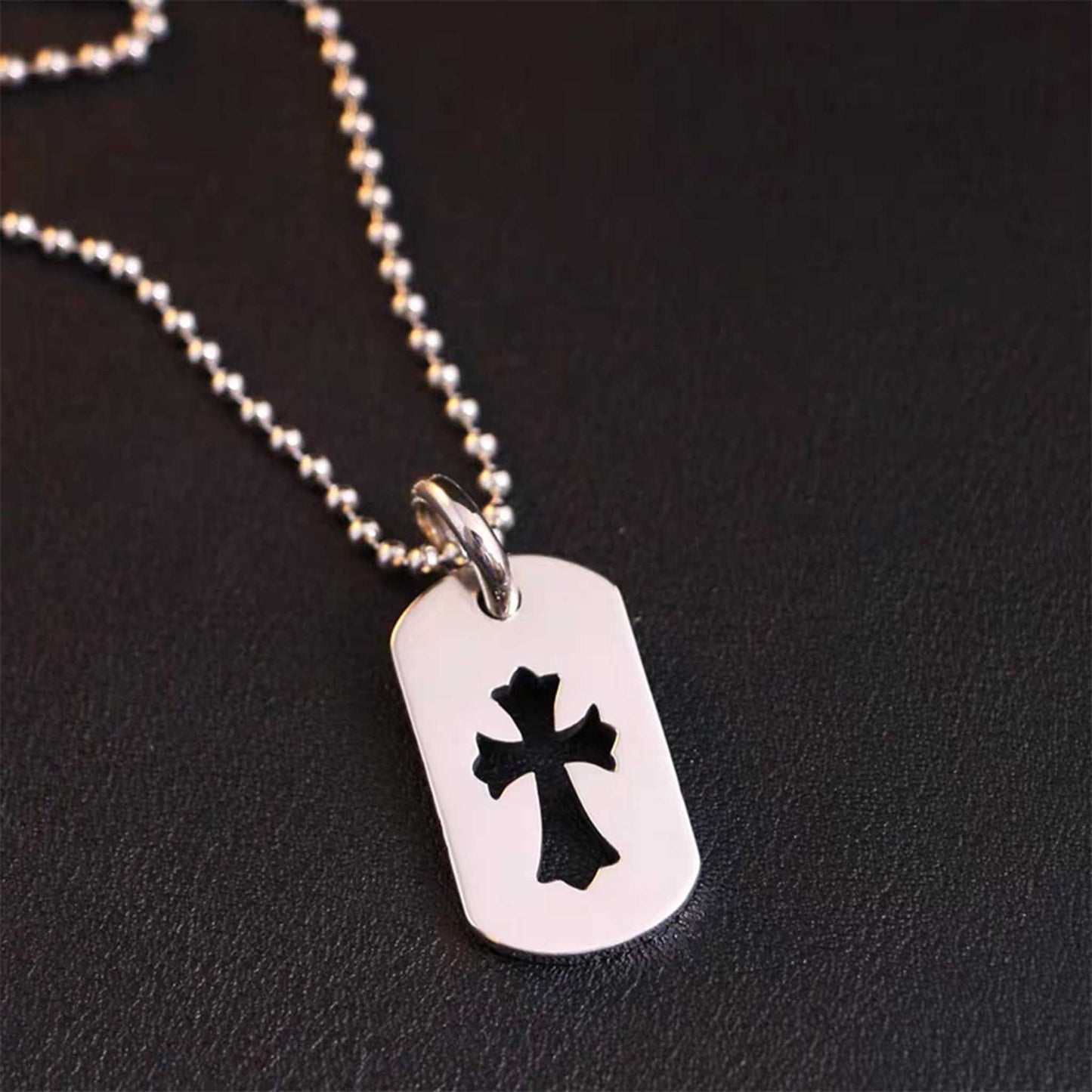 Chrome Hearts Hollow Cross Dog Tag Necklace Pendant, Sterling Silver Charm Ball Chain Necklace