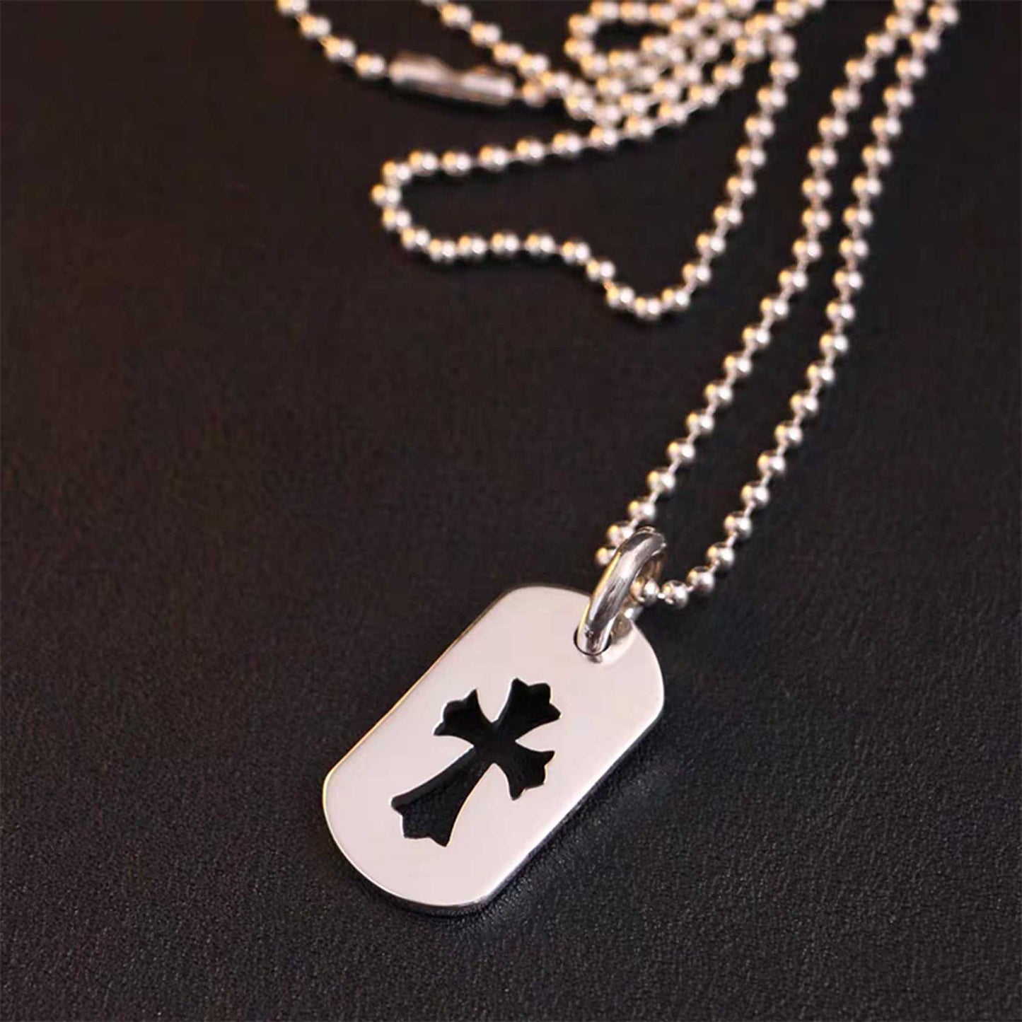 Chrome Hearts Hollow Cross Dog Tag Necklace Pendant, Sterling Silver Charm Ball Chain Necklace