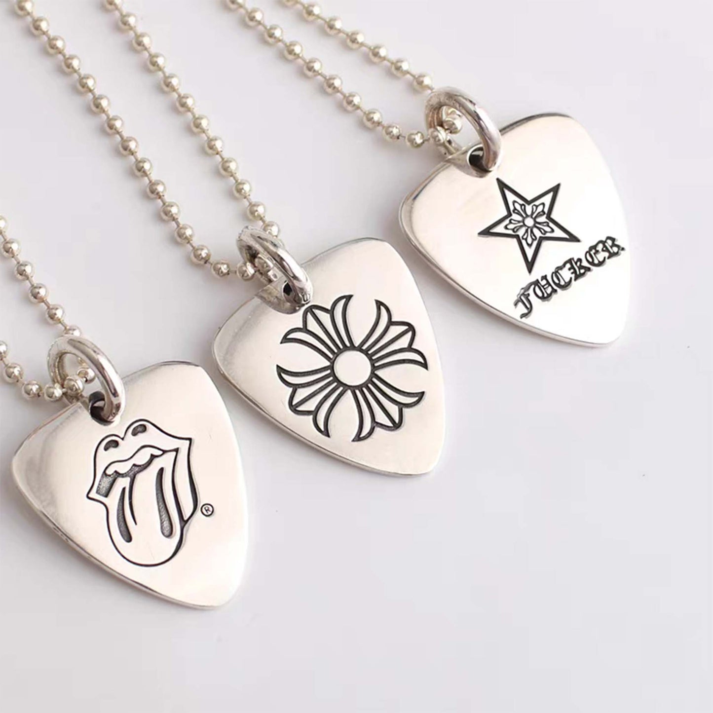 Chrome Hearts Cross & Tongue & Star Guitar Pick Necklace Pendant, Sterling Silver Charm Ball Chain Necklace