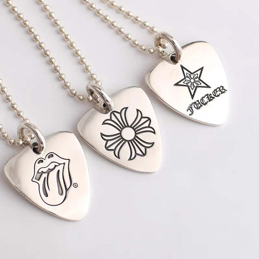 Chrome Hearts Cross & Tongue & Star Guitar Pick Necklace Pendant, Sterling Silver Charm Ball Chain Necklace