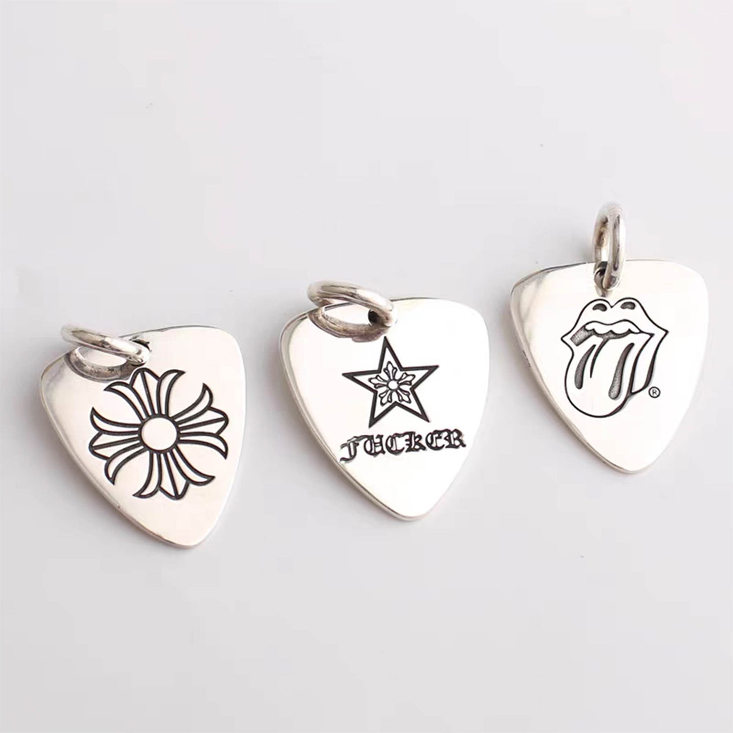 Chrome Hearts Cross & Tongue & Star Guitar Pick Necklace Pendant, Sterling Silver Charm Ball Chain Necklace