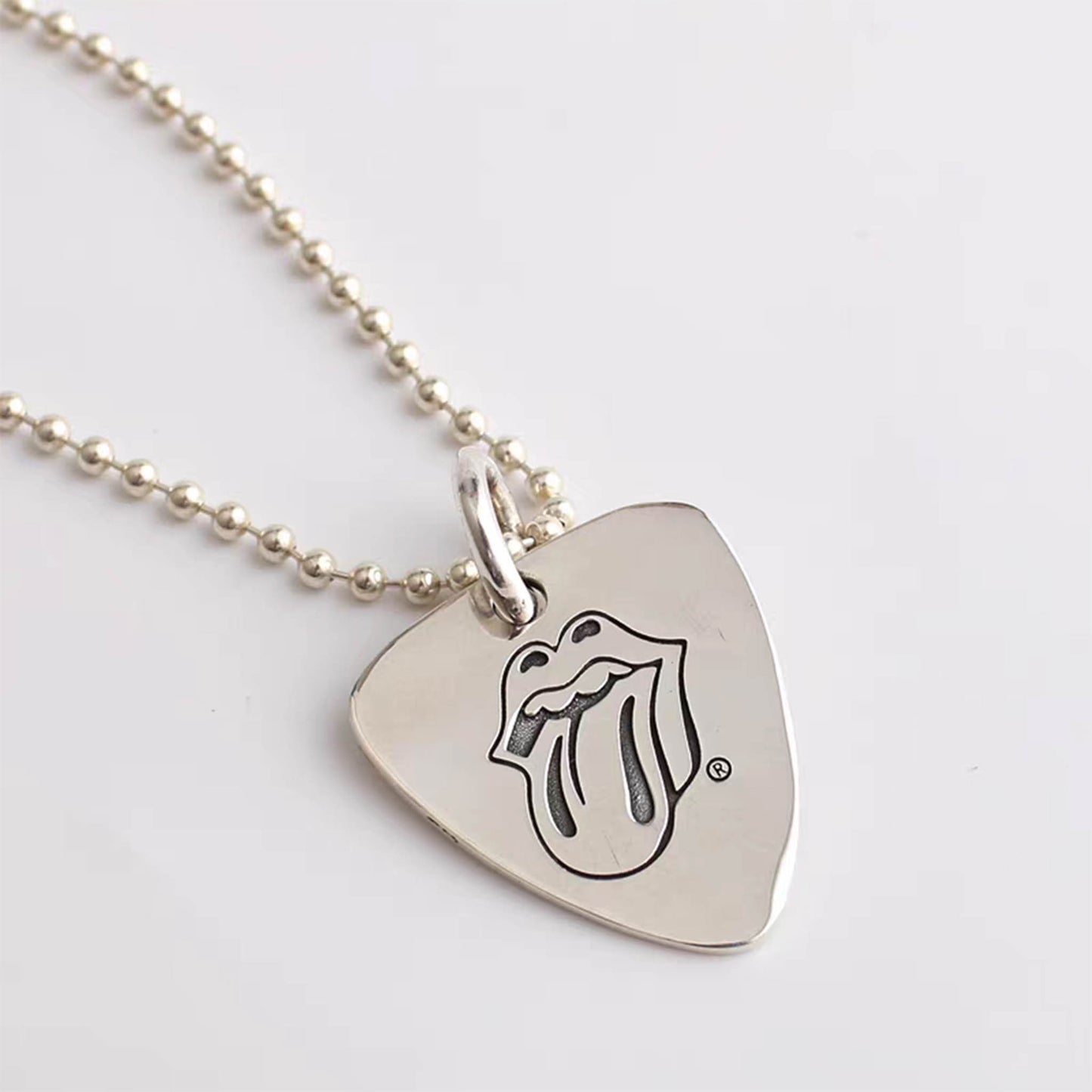 Chrome Hearts Cross & Tongue & Star Guitar Pick Necklace Pendant, Sterling Silver Charm Ball Chain Necklace