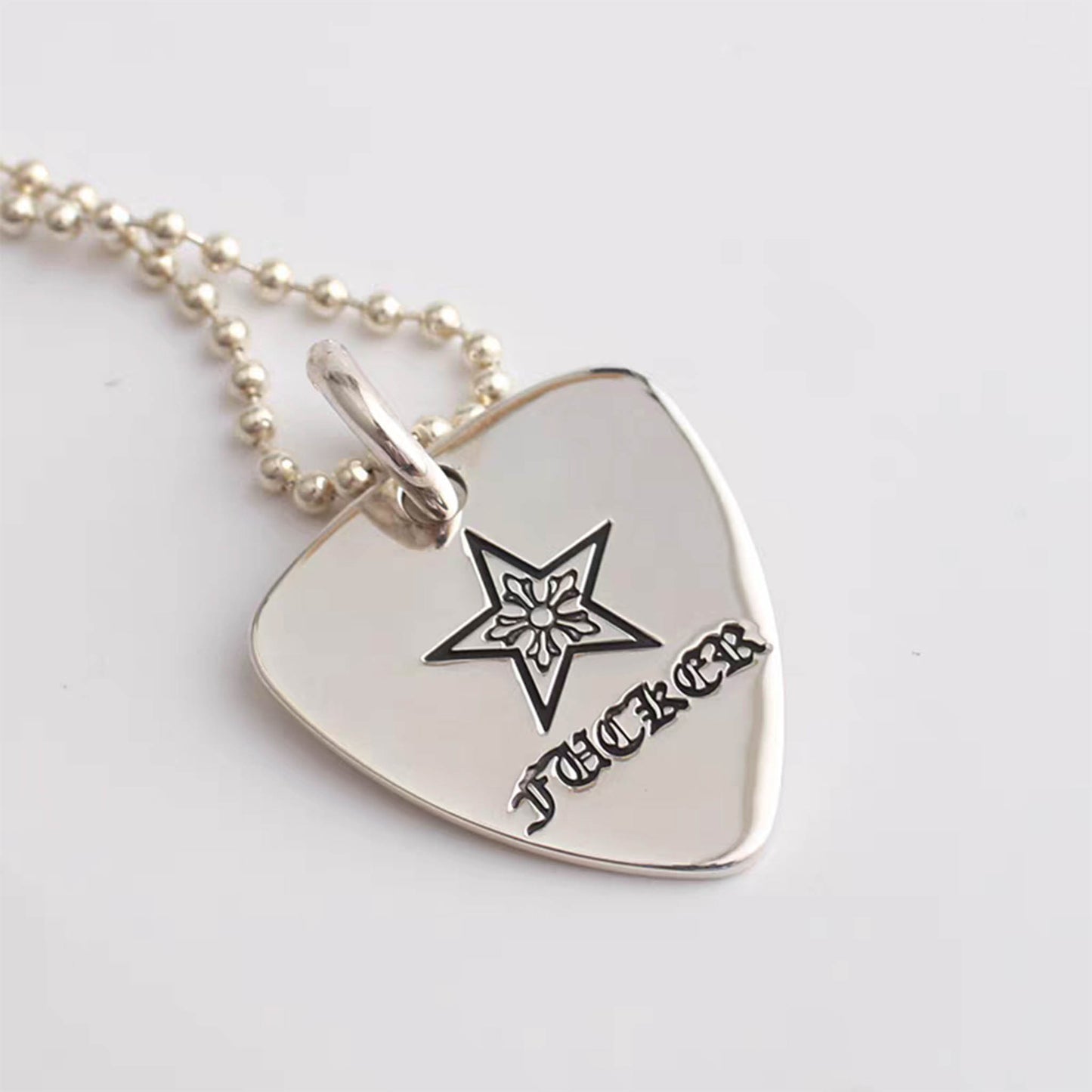 Chrome Hearts Cross & Tongue & Star Guitar Pick Necklace Pendant, Sterling Silver Charm Ball Chain Necklace