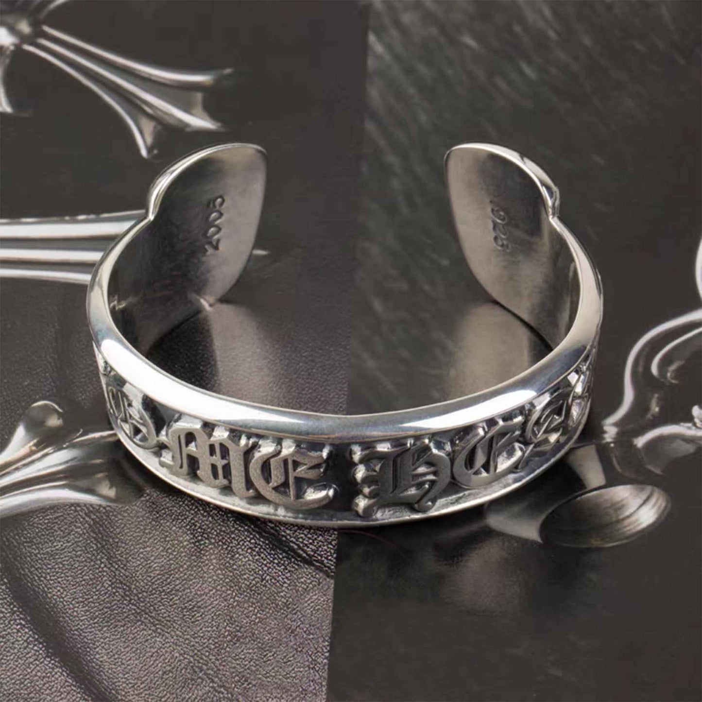 Chrome Hearts Style Gothic Letters Bangle, Sterling Silver Open Bracelet, Punk Statement Jewelry