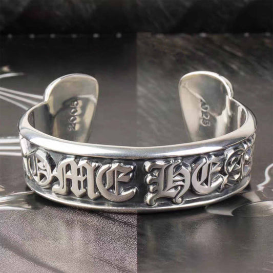 Chrome Hearts Style Gothic Letters Bangle, Sterling Silver Open Bracelet, Punk Statement Jewelry