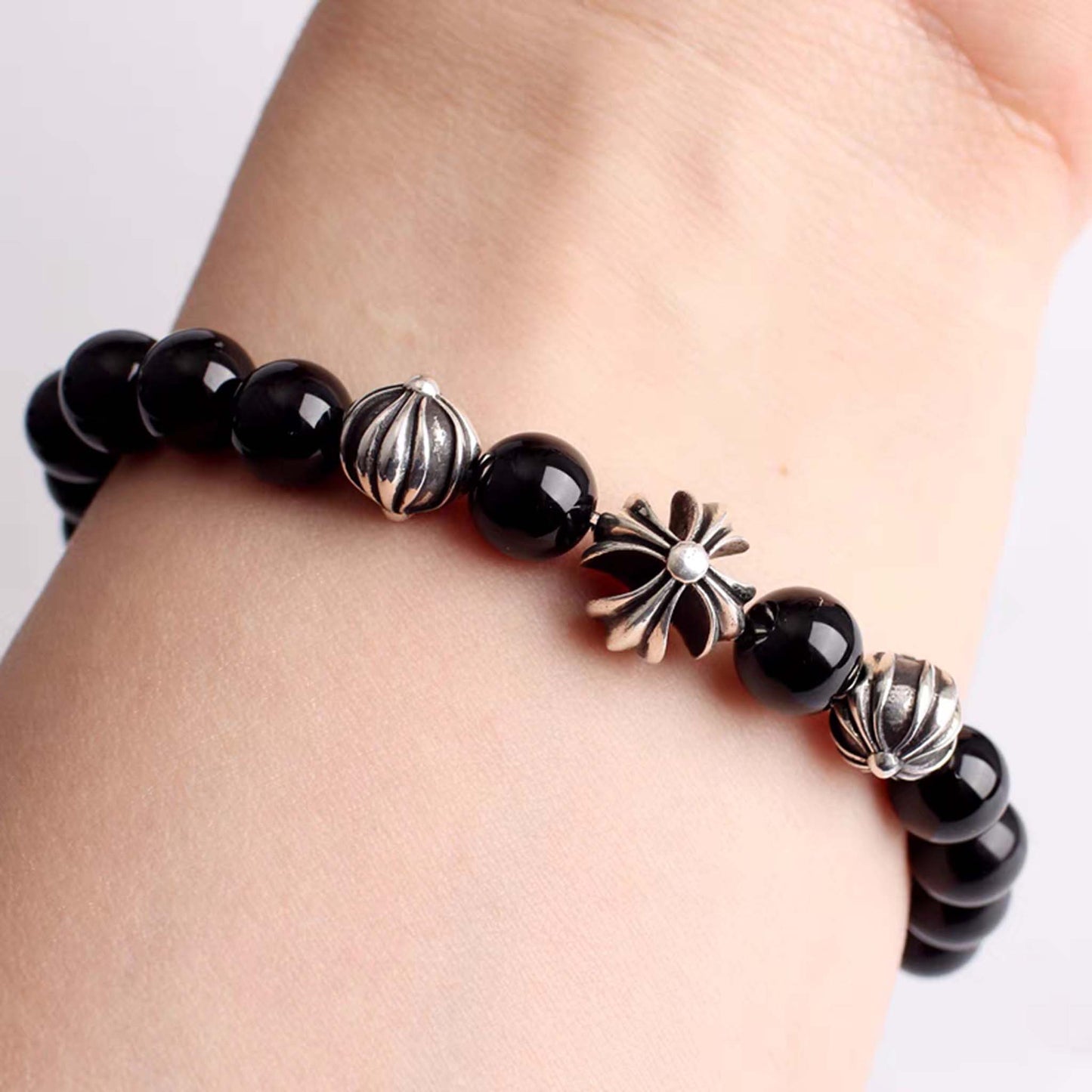Chrome Hearts Style Beads Bracelet, Obsidian & Solid Sterling Silver Ball Chain Bracelets, Gothic Cross & Letters Bracelet
