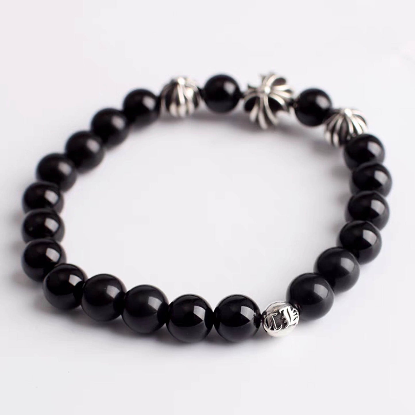 Chrome Hearts Style Beads Bracelet, Obsidian & Solid Sterling Silver Ball Chain Bracelets, Gothic Cross & Letters Bracelet
