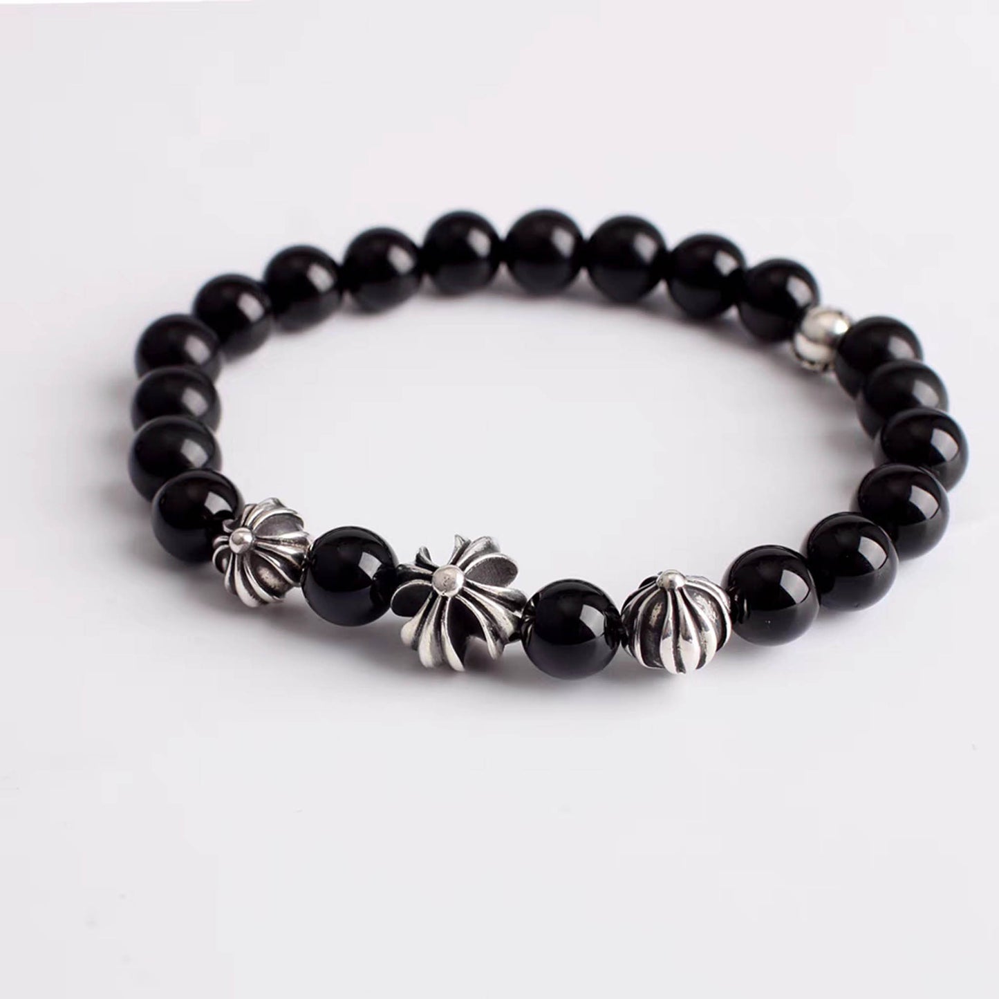 Chrome Hearts Style Beads Bracelet, Obsidian & Solid Sterling Silver Ball Chain Bracelets, Gothic Cross & Letters Bracelet