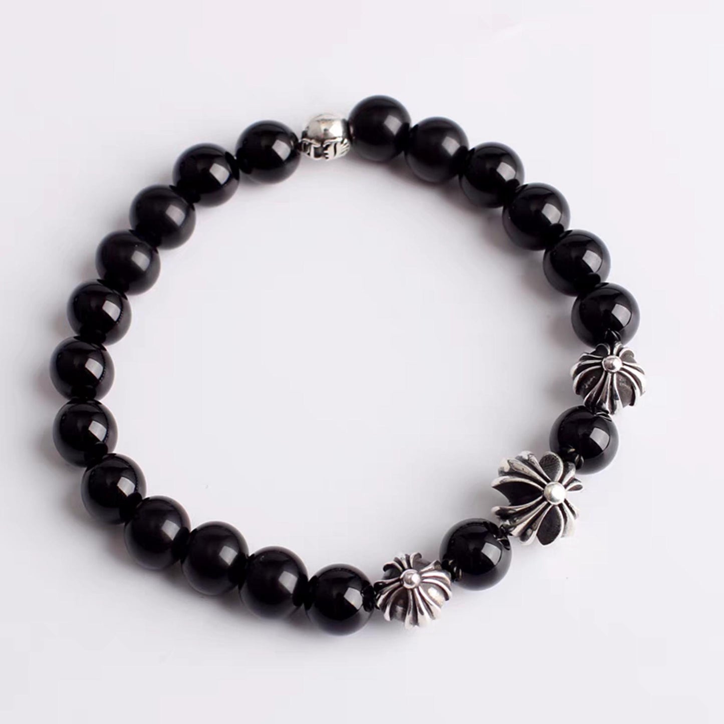 Chrome Hearts Style Beads Bracelet, Obsidian & Solid Sterling Silver Ball Chain Bracelets, Gothic Cross & Letters Bracelet