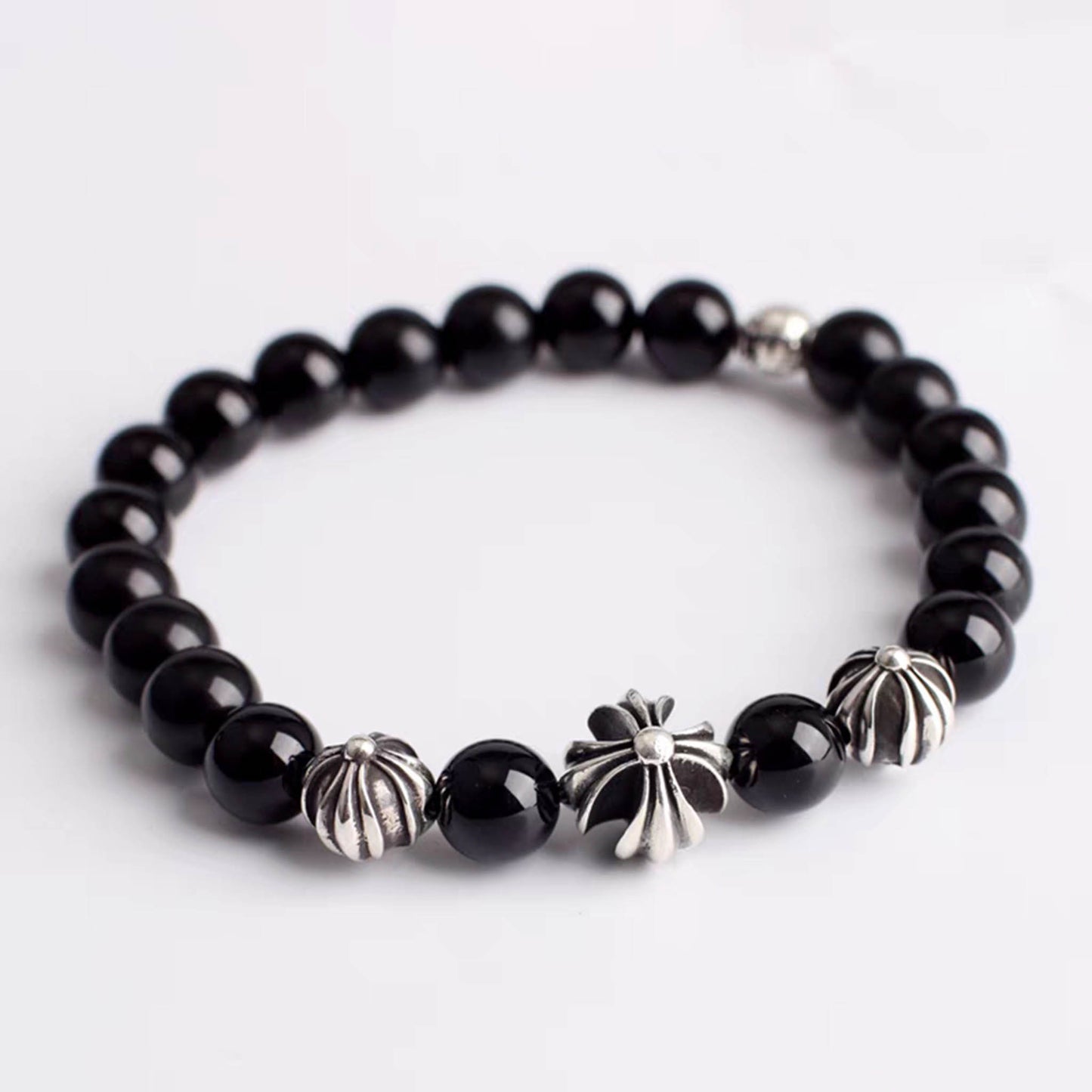 Chrome Hearts Style Beads Bracelet, Obsidian & Solid Sterling Silver Ball Chain Bracelets, Gothic Cross & Letters Bracelet