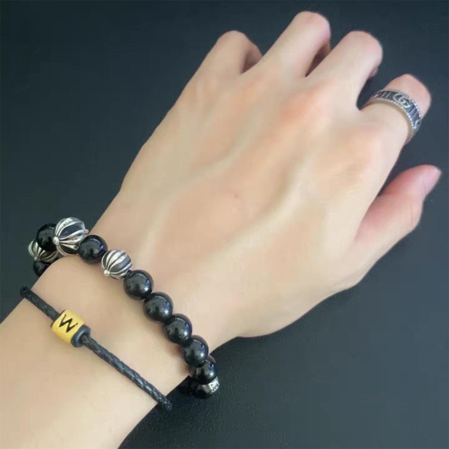 Chrome Hearts Style Beads Bracelet, Obsidian & Solid Sterling Silver Ball Chain Bracelets, Gothic Cross & Letters Bracelet