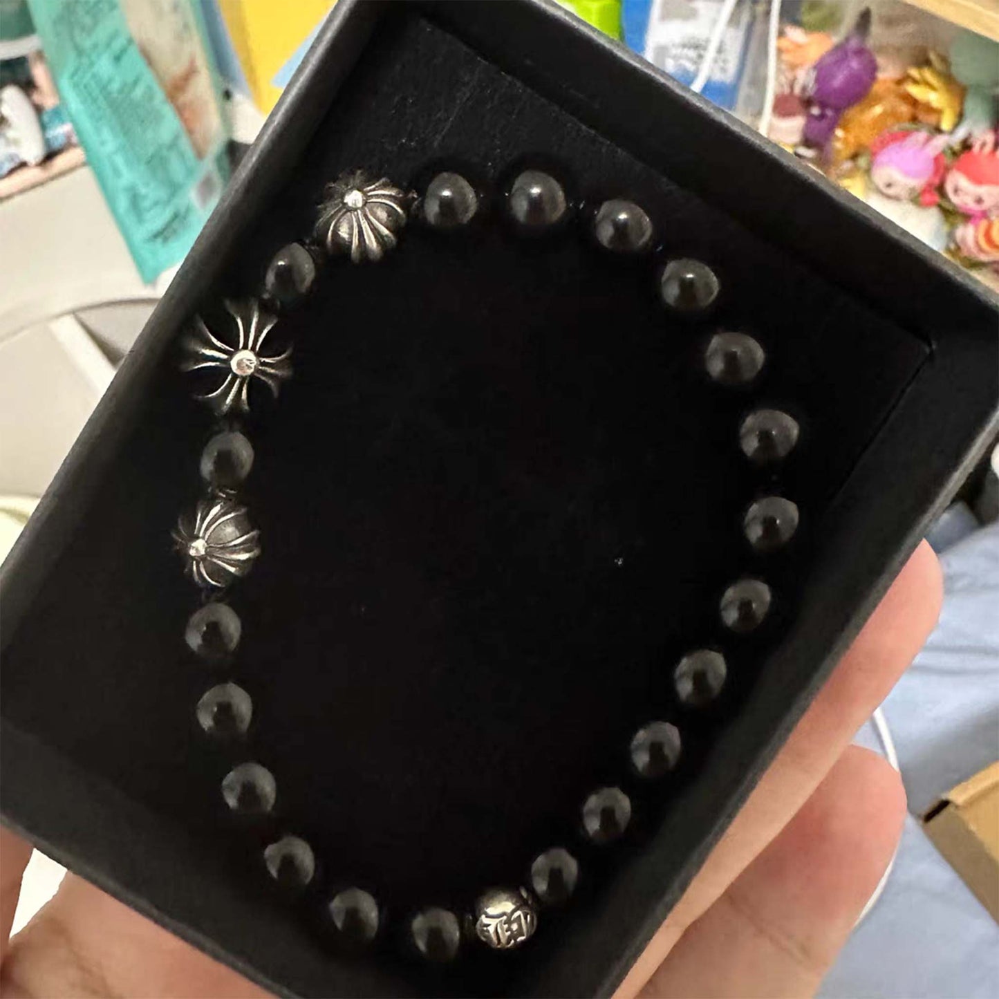 Chrome Hearts Style Beads Bracelet, Obsidian & Solid Sterling Silver Ball Chain Bracelets, Gothic Cross & Letters Bracelet