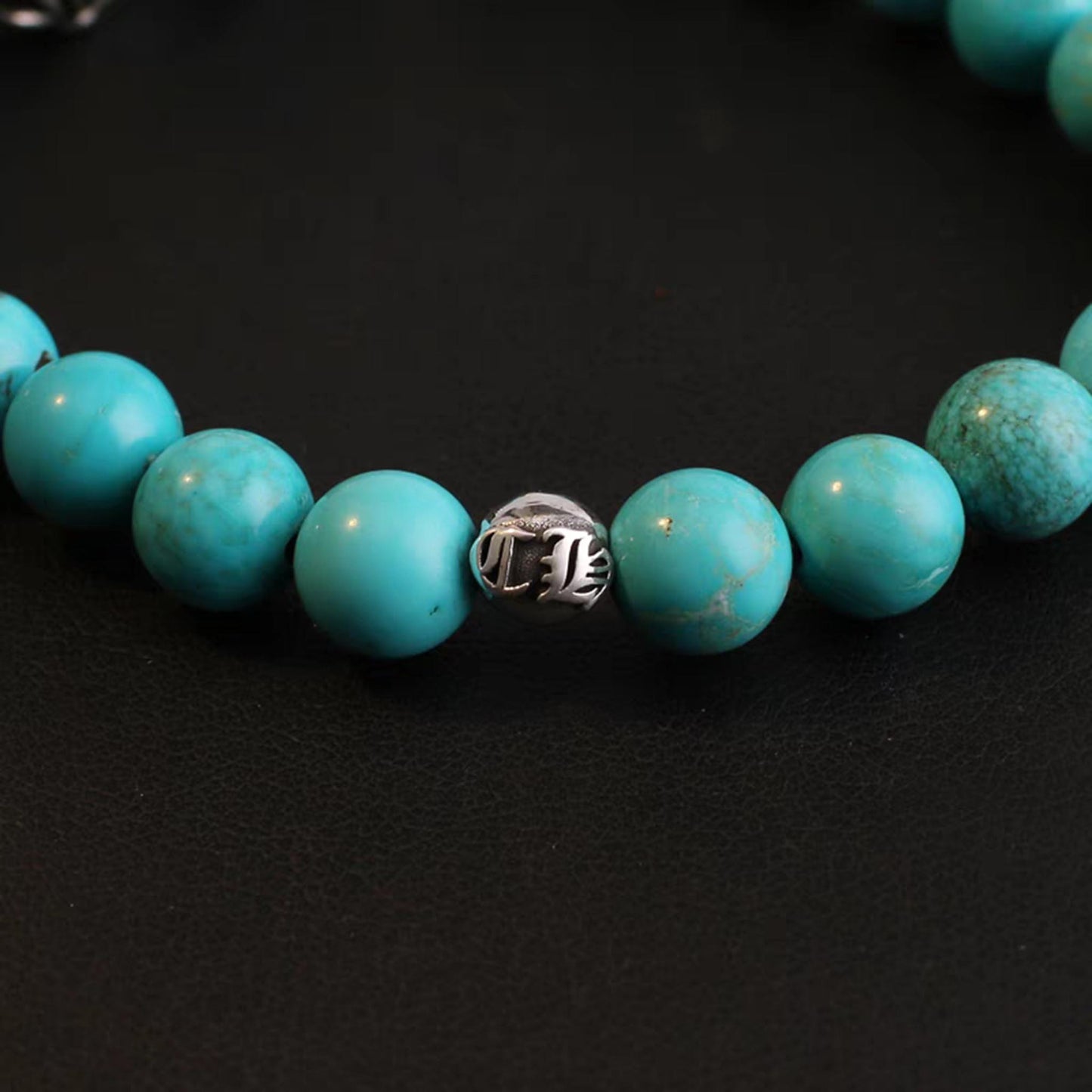 Chrome Hearts Style Beads Bracelet, Turquoise & Solid Sterling Silver Ball Chain Bracelets, Gothic Cross & Letters Bracelet