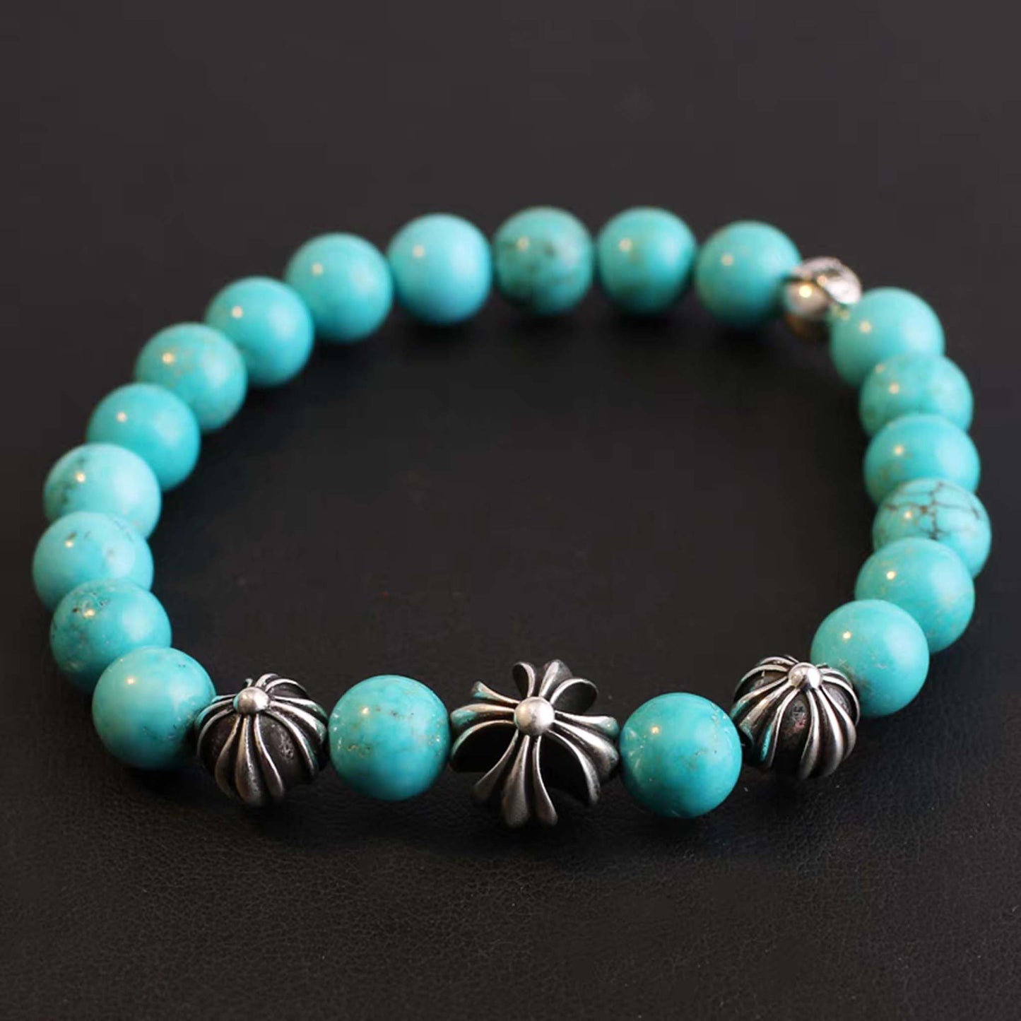 Chrome Hearts Style Beads Bracelet, Turquoise & Solid Sterling Silver Ball Chain Bracelets, Gothic Cross & Letters Bracelet