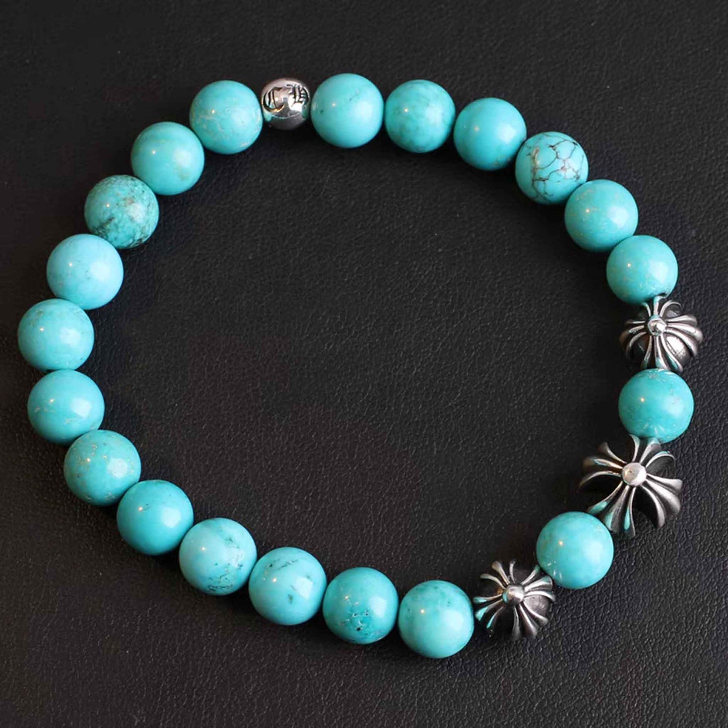 Chrome Hearts Style Beads Bracelet, Turquoise & Solid Sterling Silver Ball Chain Bracelets, Gothic Cross & Letters Bracelet