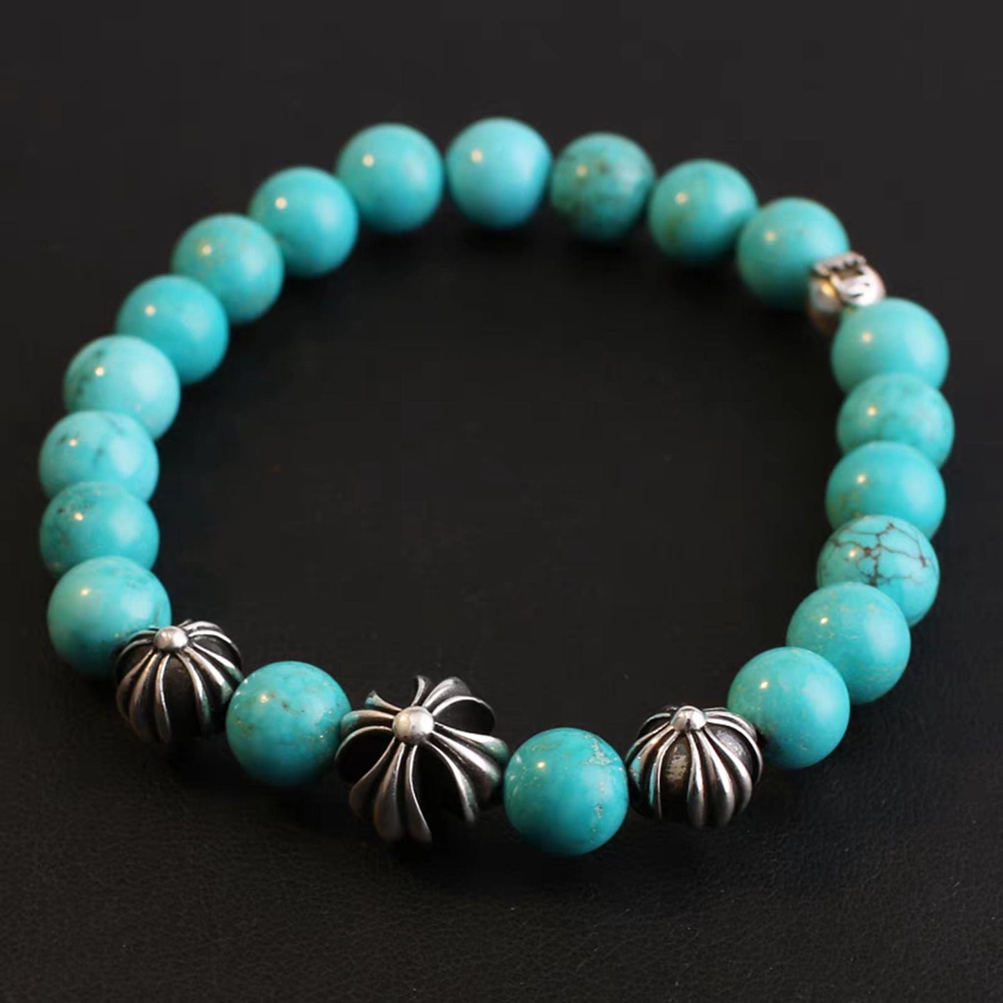 Chrome Hearts Style Beads Bracelet, Turquoise & Solid Sterling Silver Ball Chain Bracelets, Gothic Cross & Letters Bracelet