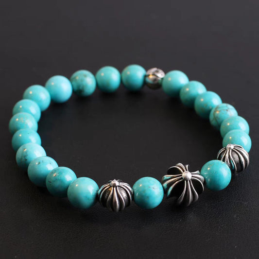 Chrome Hearts Style Beads Bracelet, Turquoise & Solid Sterling Silver Ball Chain Bracelets, Gothic Cross & Letters Bracelet