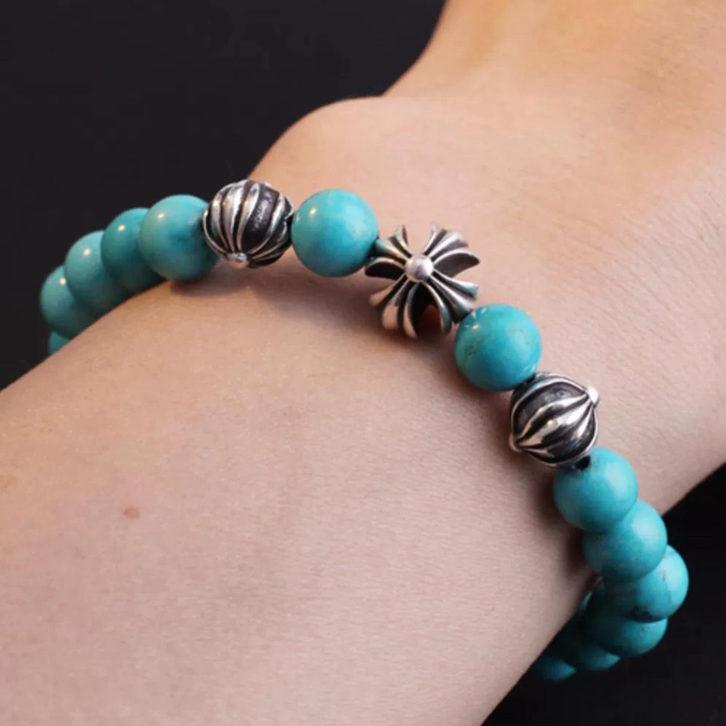 Chrome Hearts Style Beads Bracelet, Turquoise & Solid Sterling Silver Ball Chain Bracelets, Gothic Cross & Letters Bracelet