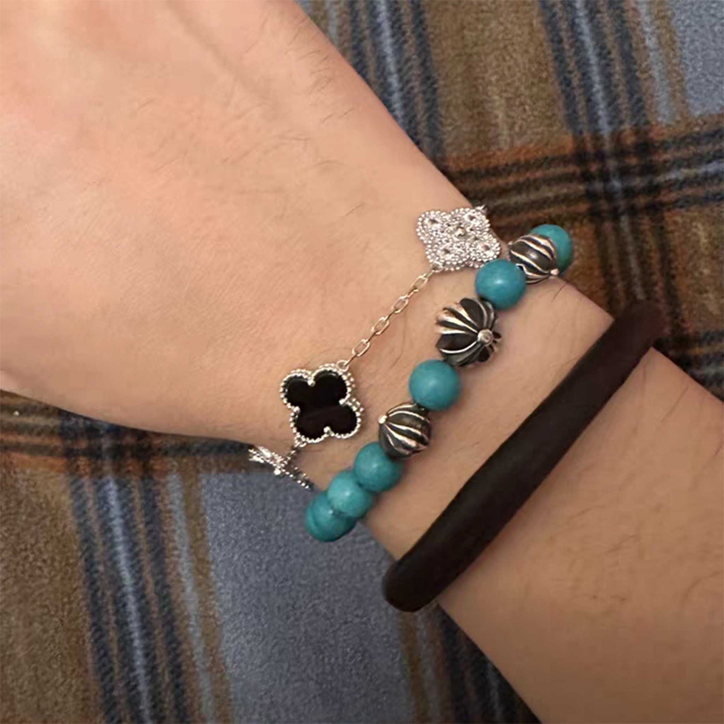 Chrome Hearts Style Beads Bracelet, Turquoise & Solid Sterling Silver Ball Chain Bracelets, Gothic Cross & Letters Bracelet