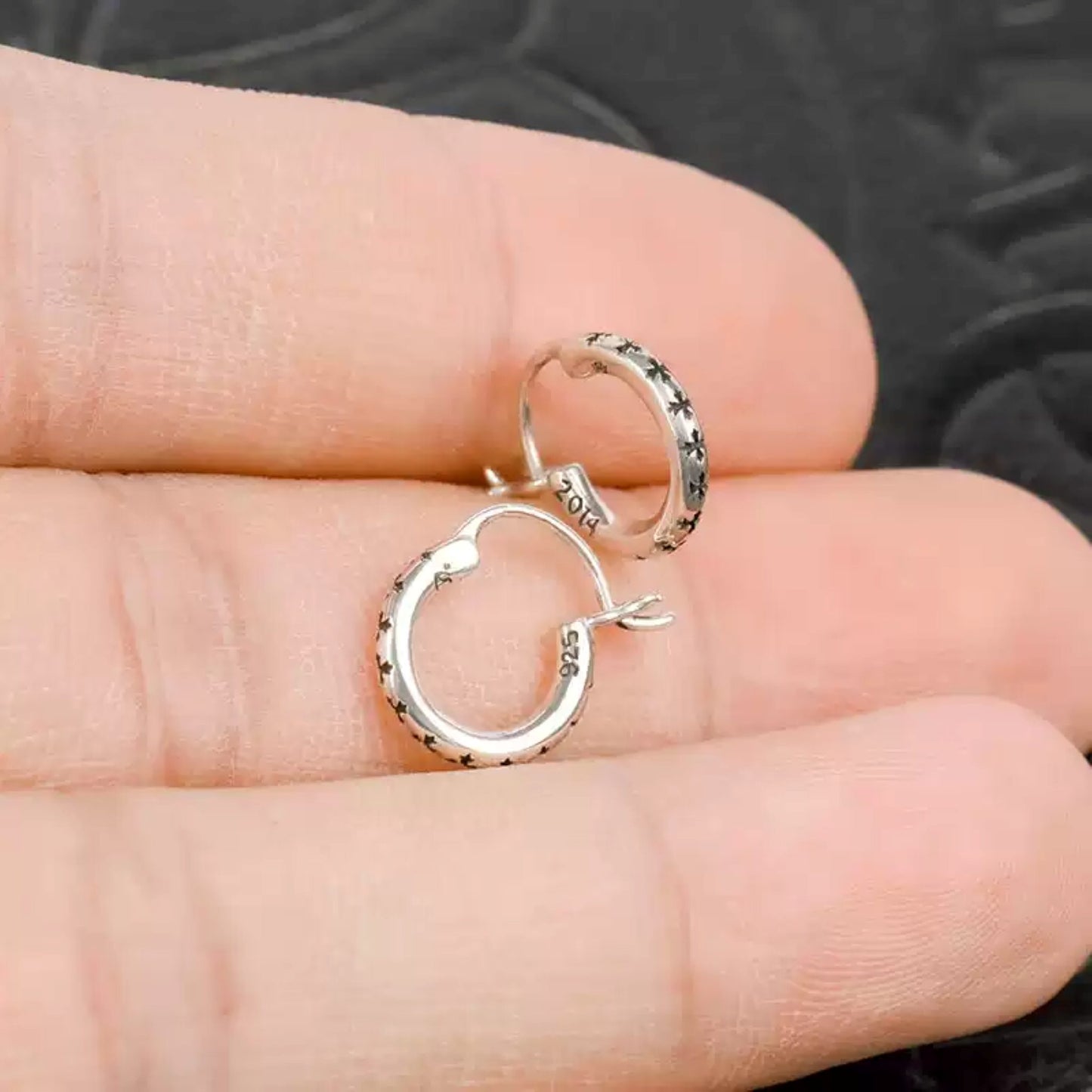 Chrome Hearts Gothic Tiny Crosses Hoop Earrings, 925 Silver Punk Statement Earrings