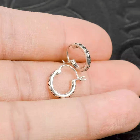 Chrome Hearts Gothic Tiny Crosses Hoop Earrings, 925 Silver Punk Statement Earrings