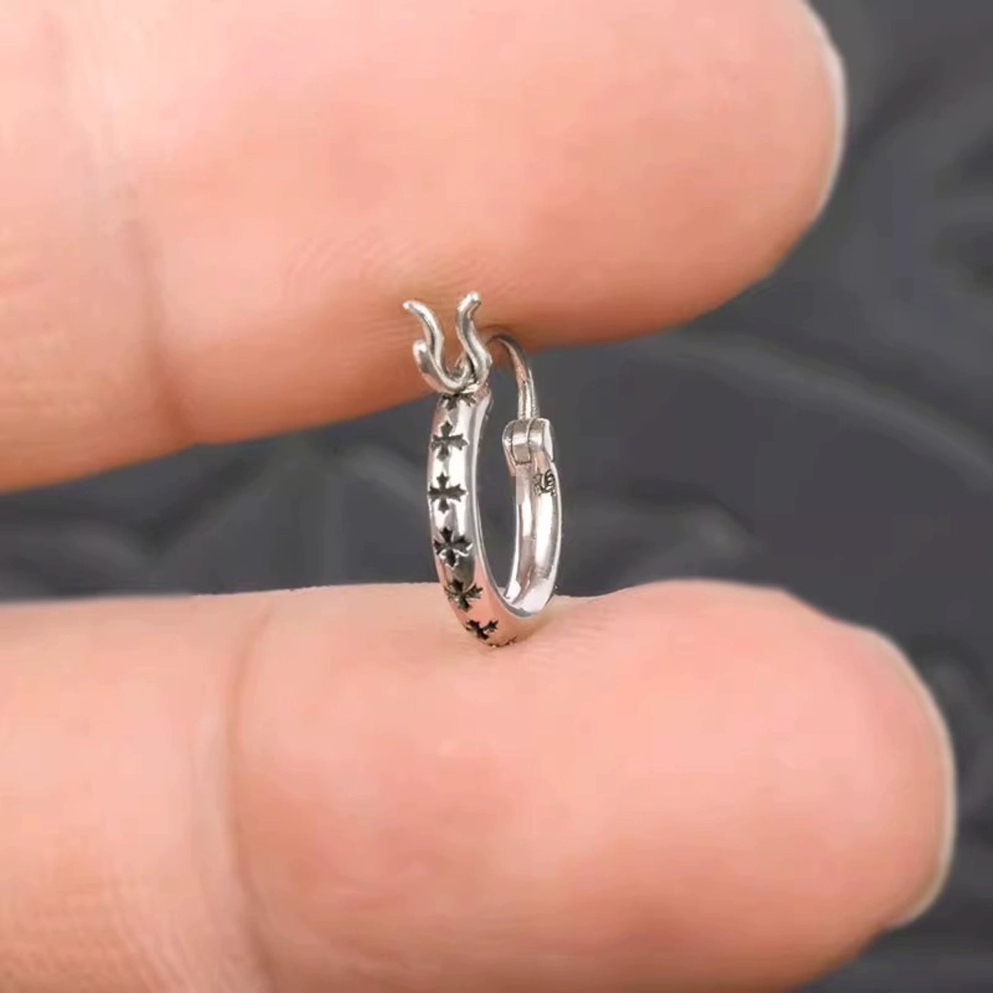 Chrome Hearts Gothic Tiny Crosses Hoop Earrings, 925 Silver Punk Statement Earrings