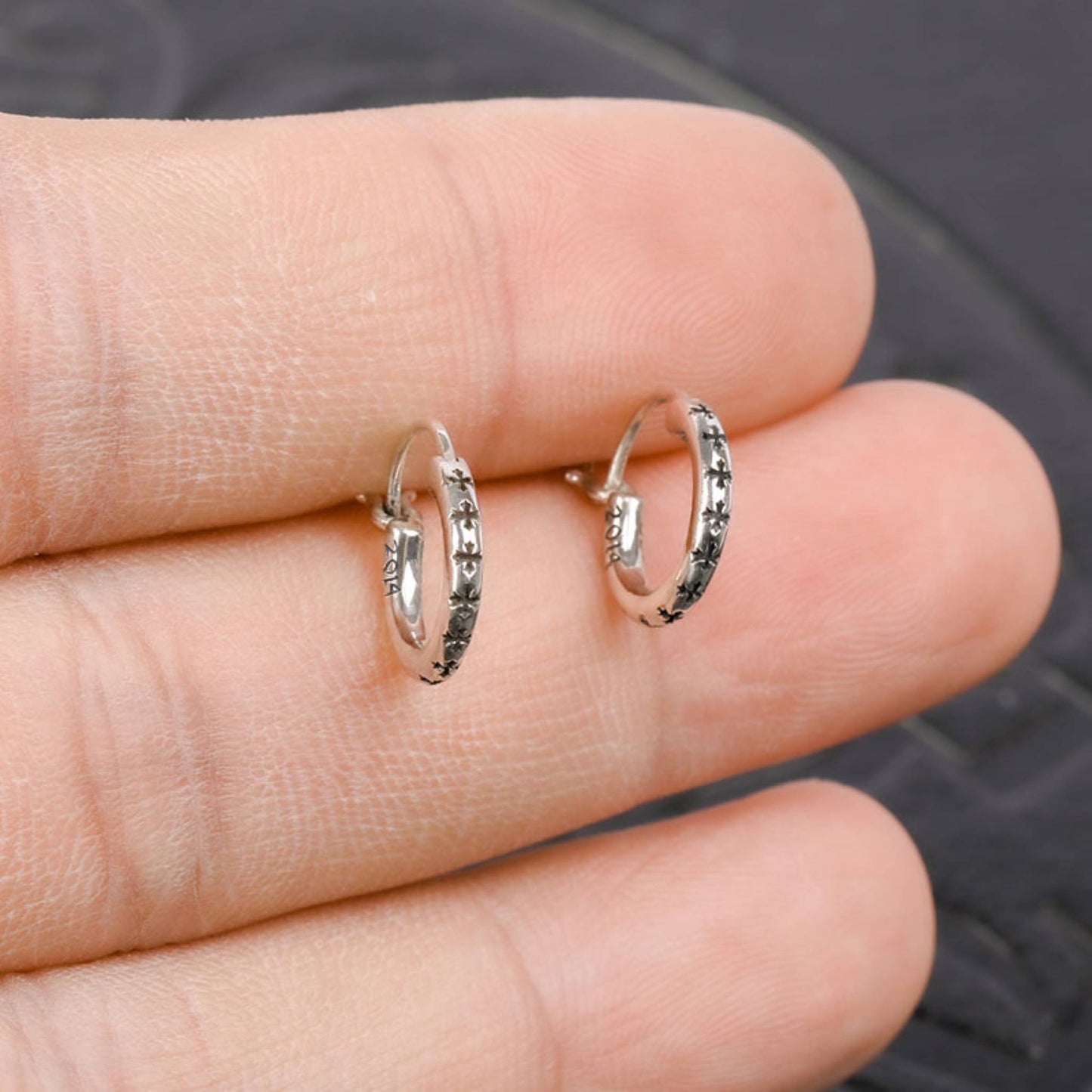 Chrome Hearts Gothic Tiny Crosses Hoop Earrings, 925 Silver Punk Statement Earrings