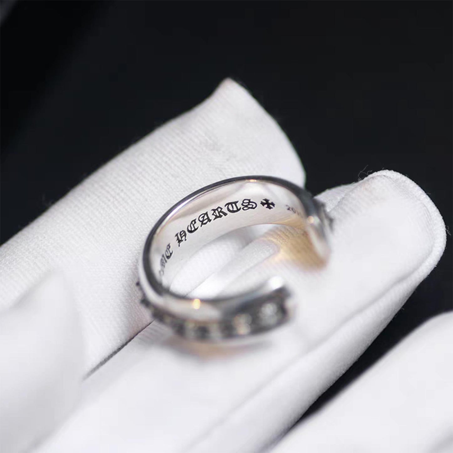 Chrome Hearts Gothic Tiny Crosses Open Ring, Sterling Silver Punk Statement Silver Rings