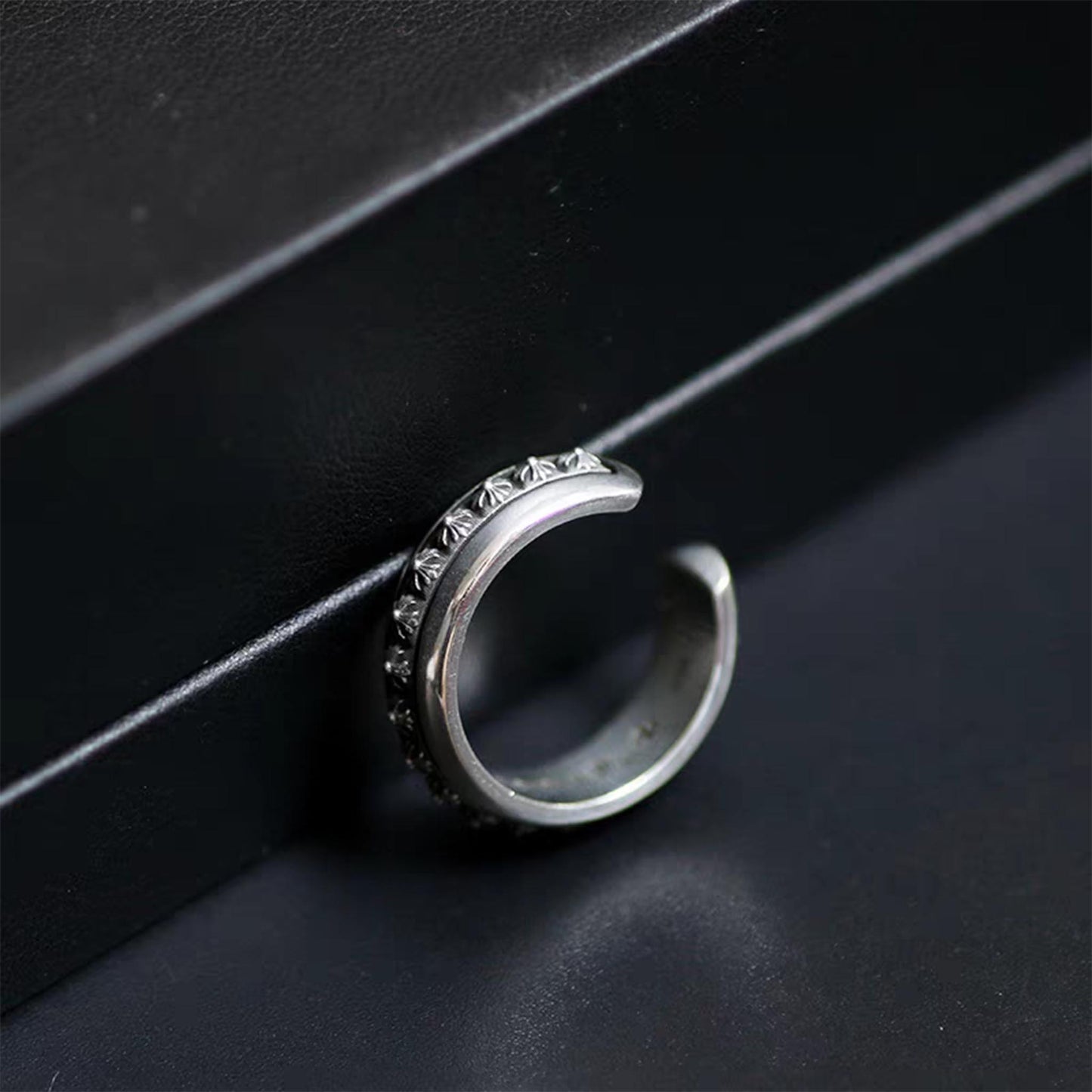 Chrome Hearts Gothic Tiny Crosses Open Ring, Sterling Silver Punk Statement Silver Rings