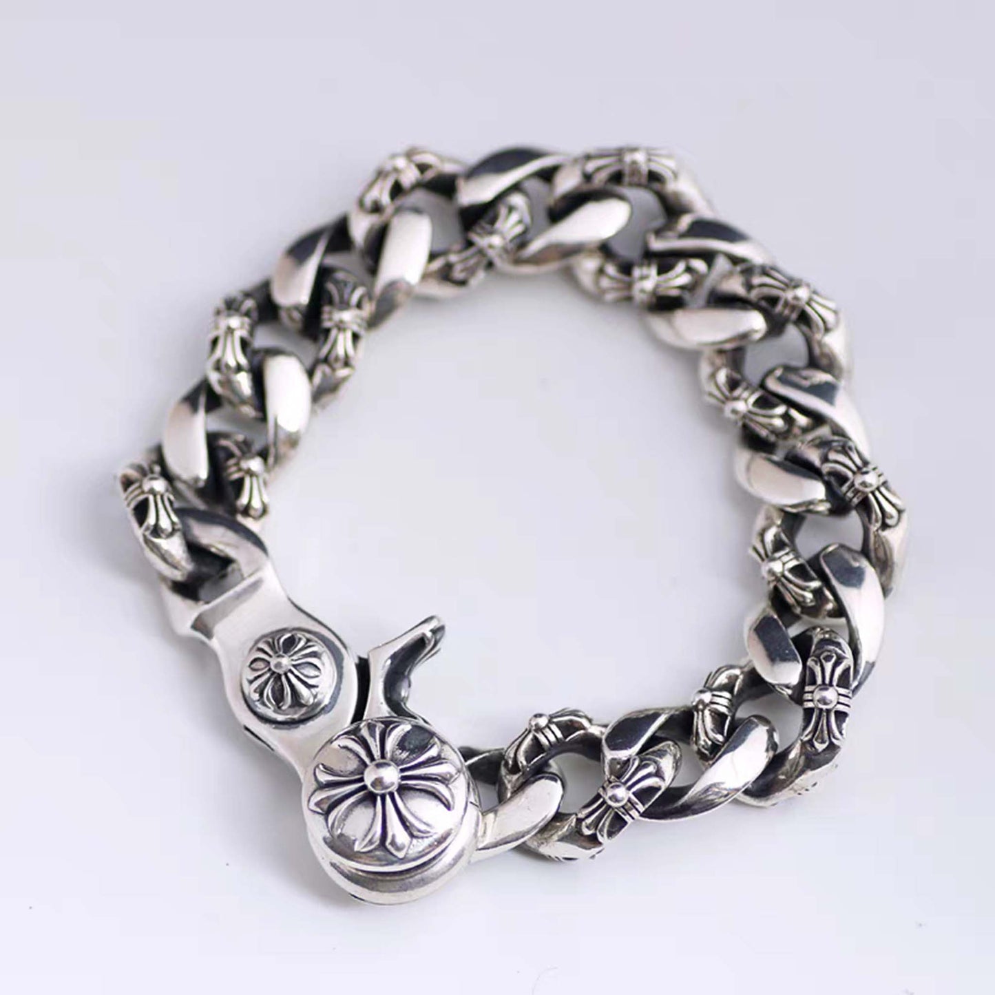 Kubanisches Gliederarmband aus Sterlingsilber, Clip-On-Armbänder mit gotischem Kreuz, klobiges Punk-Kettenarmband