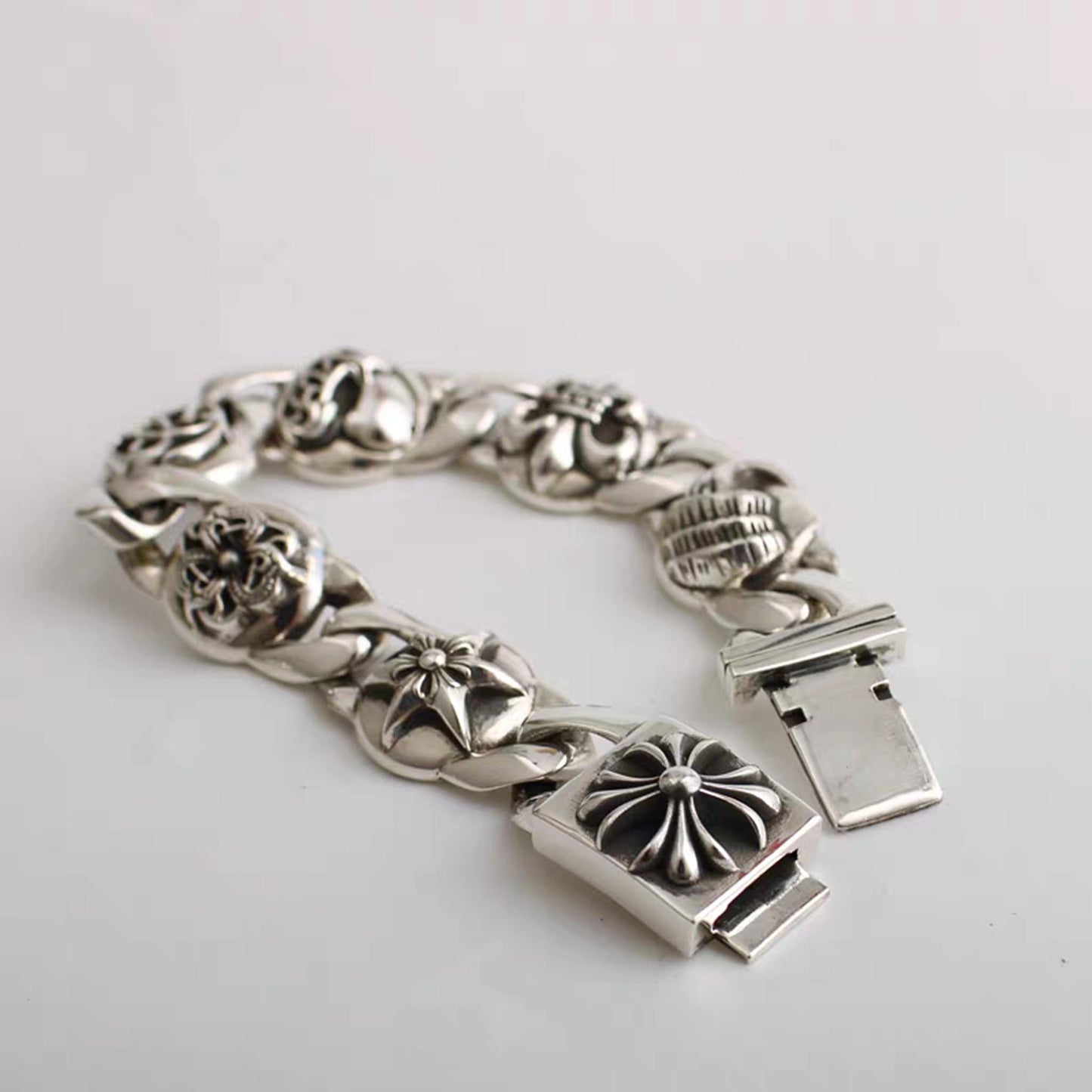 Sterling Silver Cuban Link Bracelet, Gothic Cross Duobao Bracelets, Punk Chunky Chain Bracelet