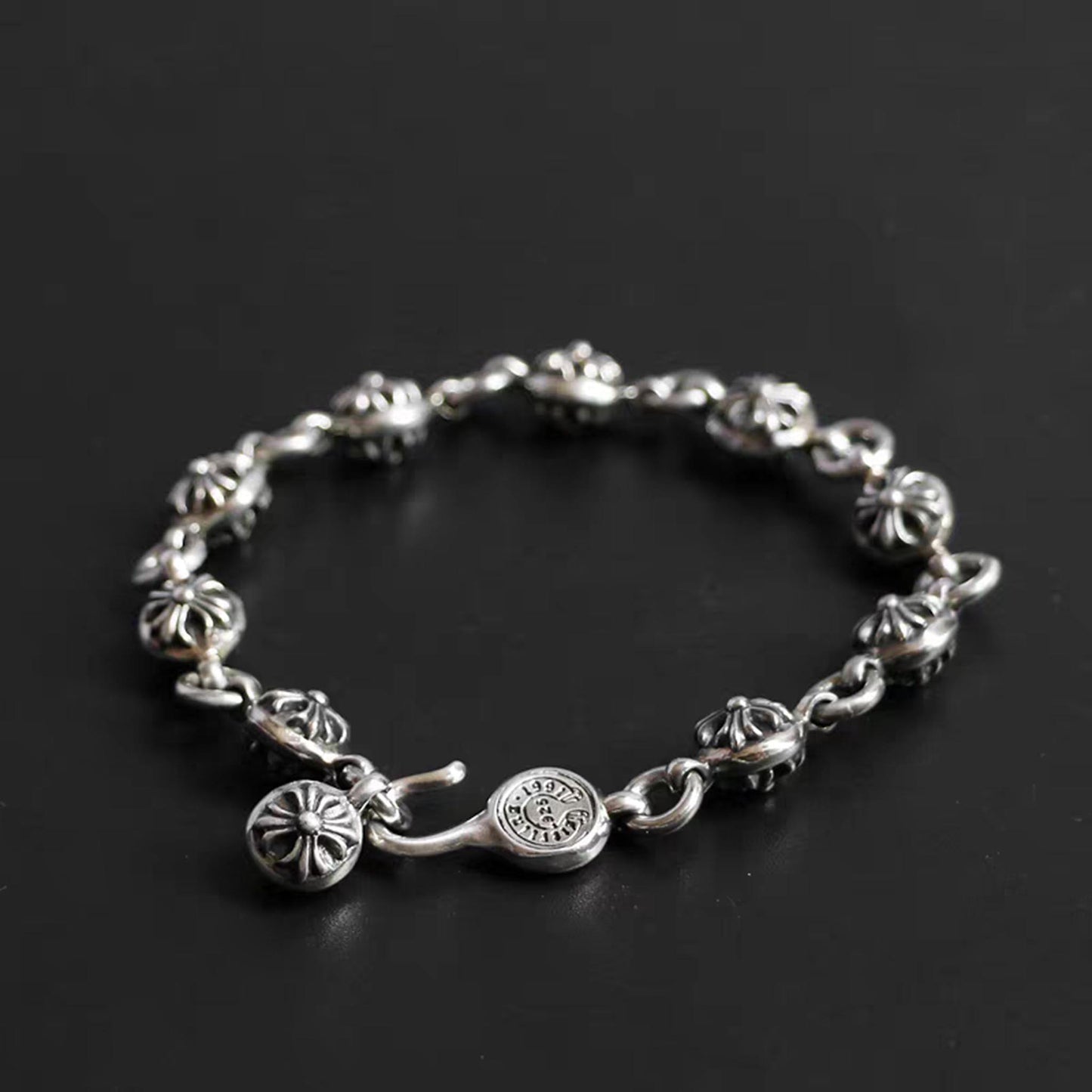 Sterling Silver Gothic Cross Flower Design Bracelet, Silver Punk Statement Bracelets