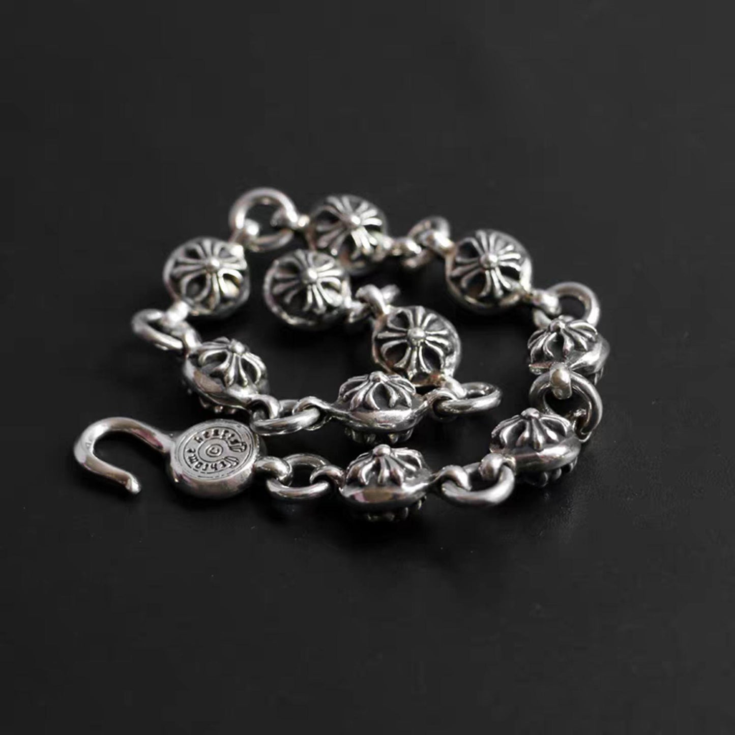 Sterling Silver Gothic Cross Flower Design Bracelet, Silver Punk Statement Bracelets