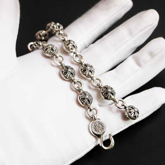 Sterling Silver Gothic Cross Flower Design Bracelet, Silver Punk Statement Bracelets