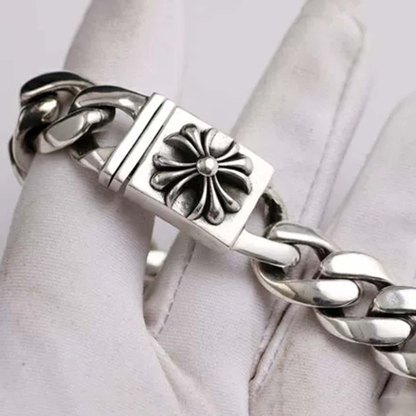 Sterling Silver Cuban Link Bracelet, Gothic Cross Flower Design Silver Bracelets, Punk Chunky Chain Bracelet