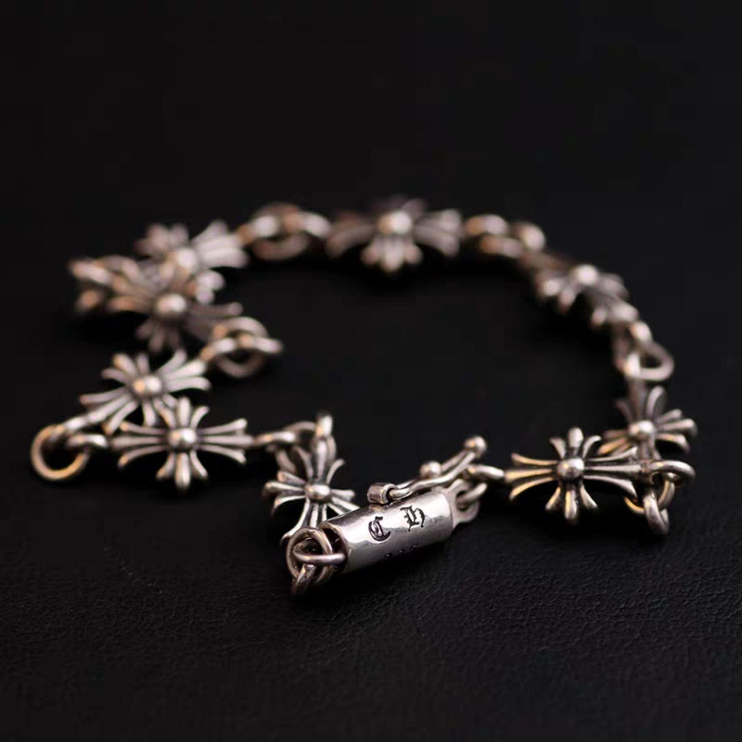 Sterling Silver Couples Bracelets, Gothic Cross Flower Bracelet, Silver Punk Statement Bracelets